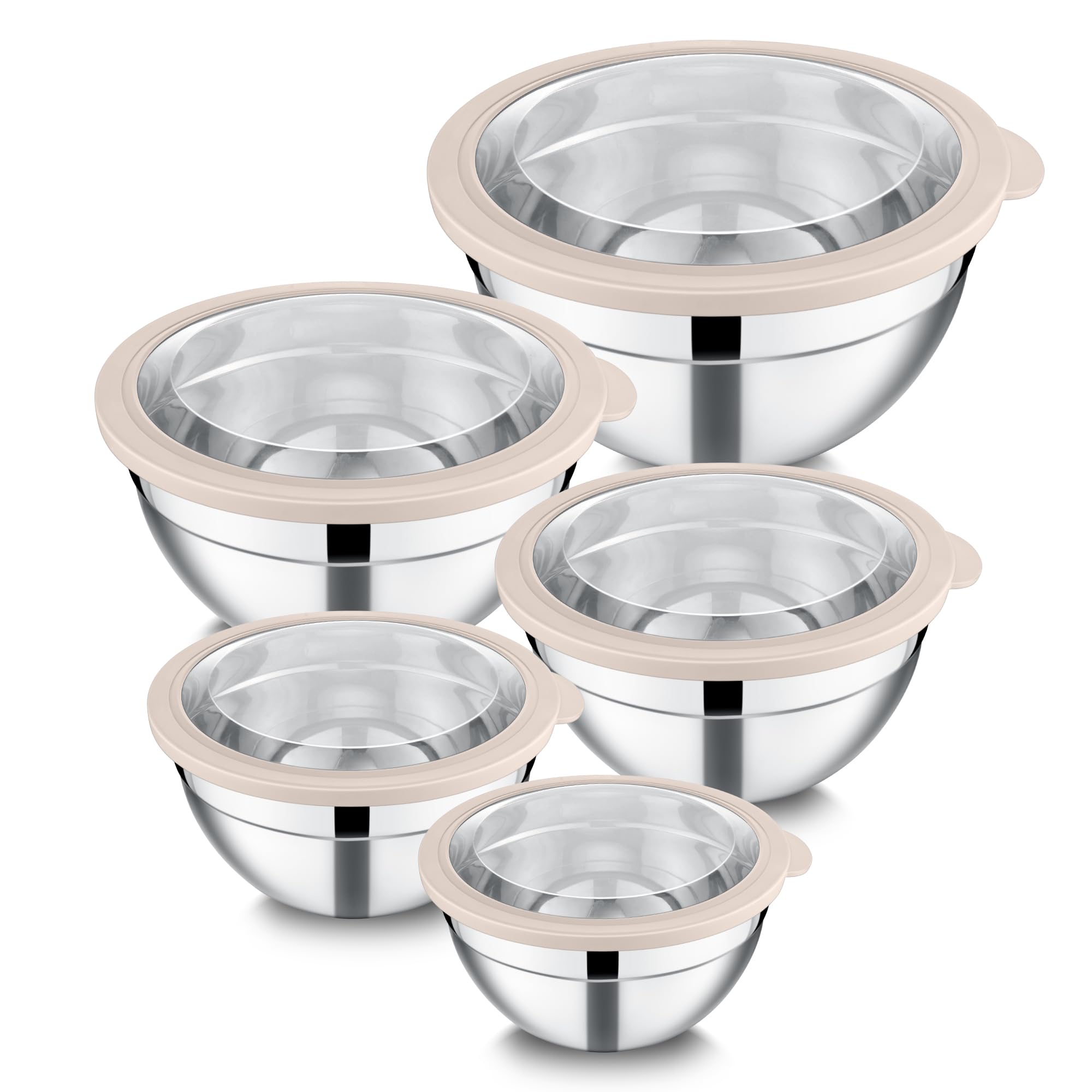 Joyfair Cuencos para mezclar, 5 cuencos de ensalada anidables de acero inoxidable con tapas transparentes herméticas, juego de cuencos de metal ideal para cocina, mezclar, hornear, servir, almacenar y