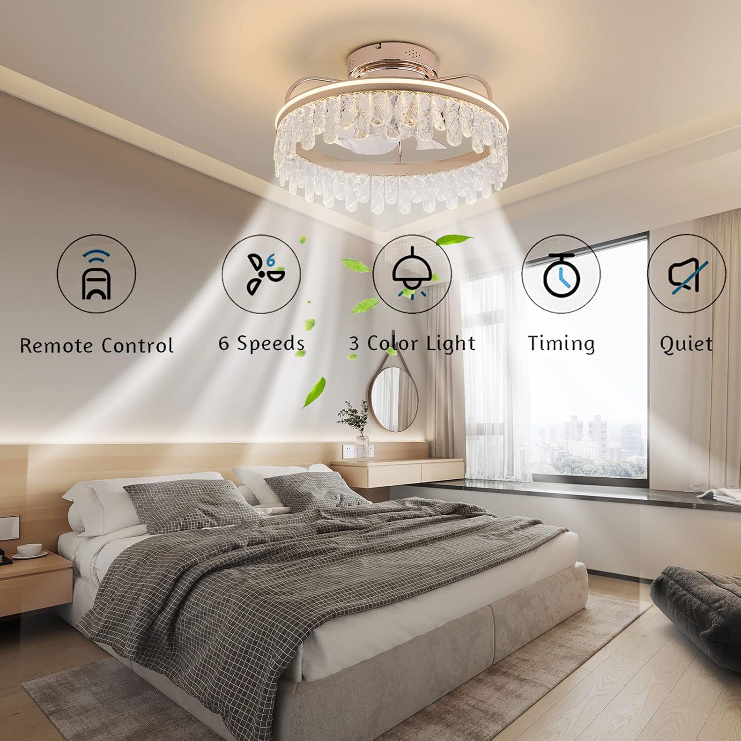Gdrasuya10 Ceiling Lights with Fan, 20'' Flush Mount Crystal Ceiling Fan Light with Remote Control Dimmable LED Ceiling Fan with Light 6 Speeds Reversible Blades Timing for Bedroom, Livingroom