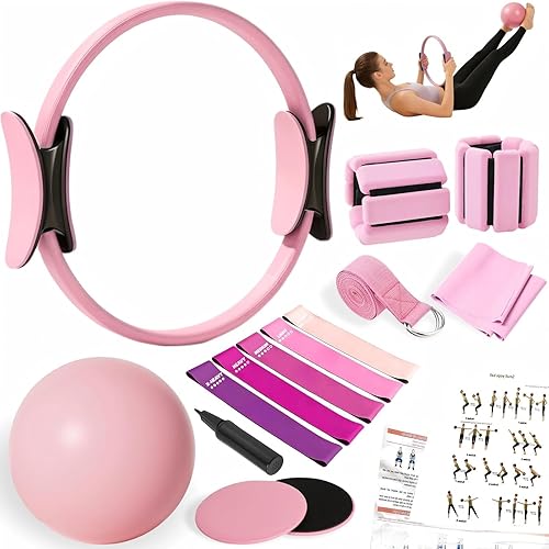 Kit de Equipo de Pilates para Ejercicio en Casa, Juego de Anillo y Bola de Pilates, Kit de Accesorios Esenciales de Pilates para Mujeres con