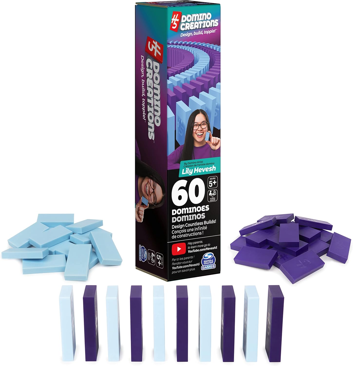 Spin Master Games H5 Domino Creations, 60-Piece Blue/Purple Set by Domino Artist Youtuber Lily Hevesh Classic Family Game, for Adults and Kids Ages 5 and up