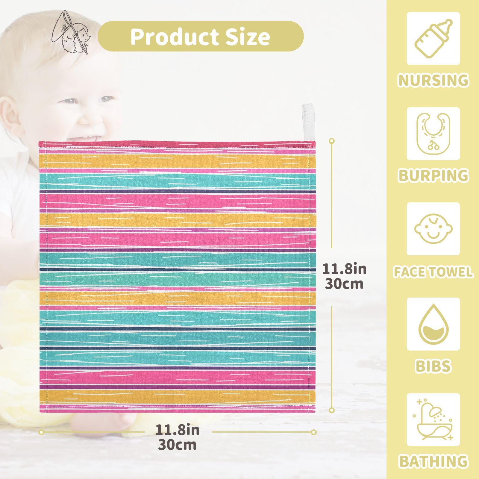 Nander 5Pack Baby Muslin Washcloths,Colorful Stripes Soft Face Cloths for Newborn, Absorbent Bath Wash Cloths, Wipes, Burp Rag,Toddlers Essentials Stuff, Baby Registry as Shower