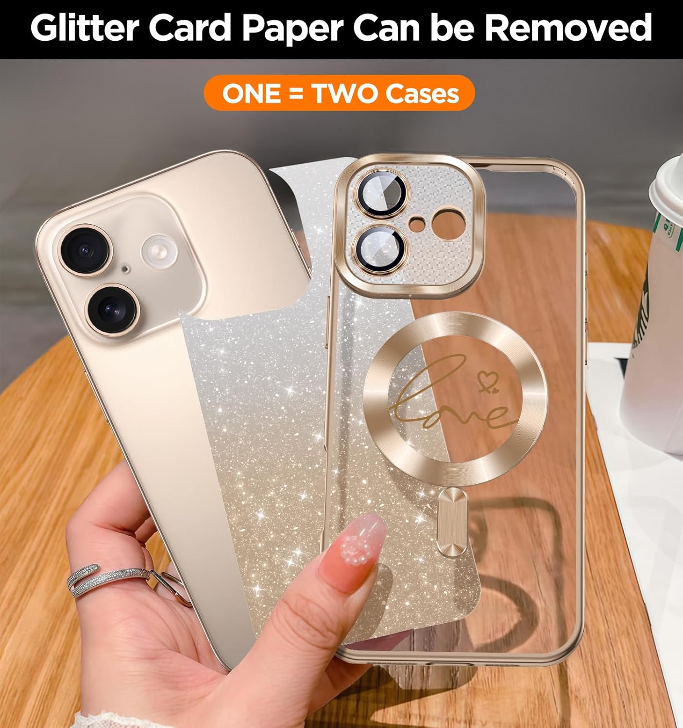 Misscase Magnetic Glitter Case for iPhone 17,Gradient Love Hearts Plating Phone Case Compatible with MagSafe,Built-in Camera Lens Protector,Cute Full Cover Protection Case for Women-Gold - Image 5