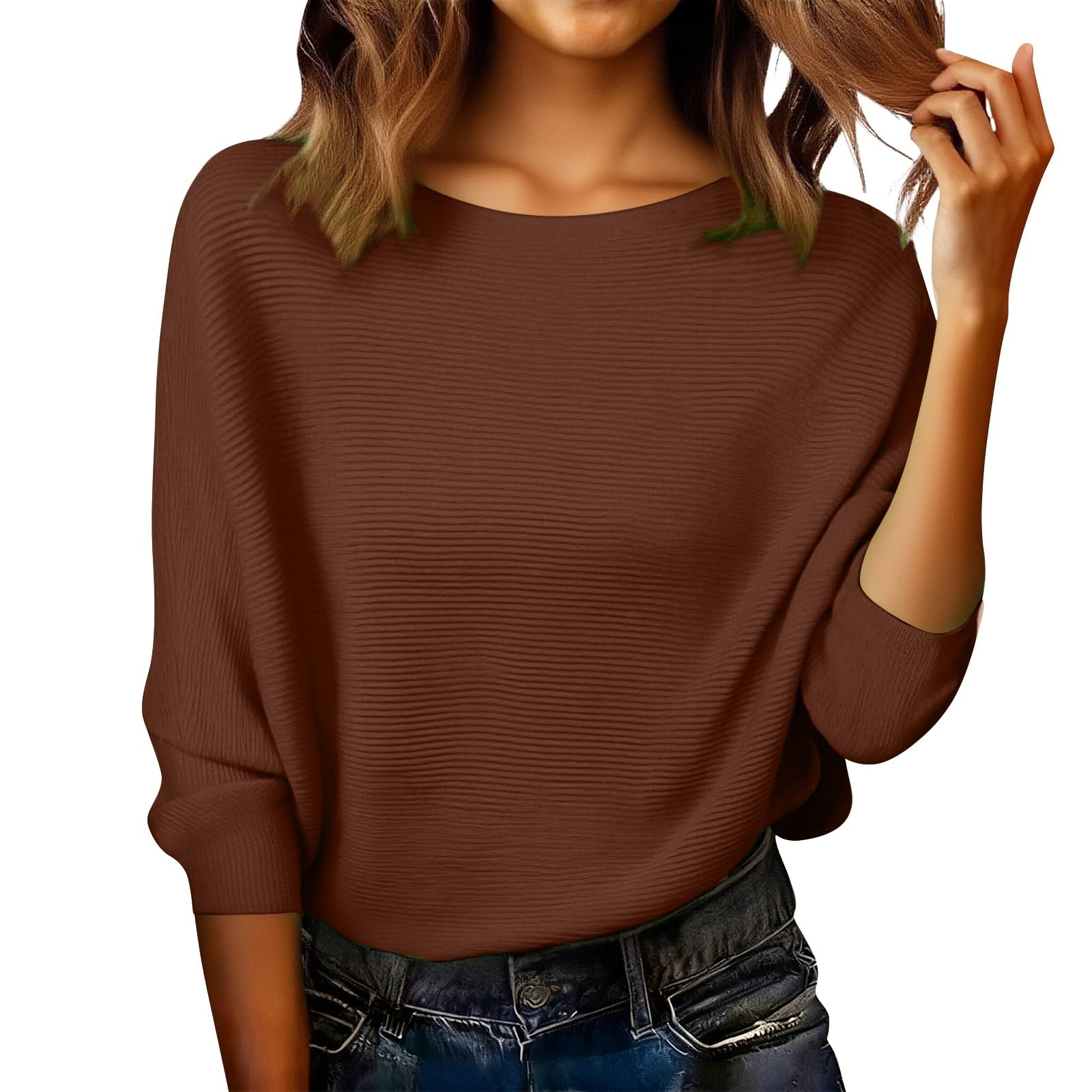 Womens Crewneck Sweaters Lightweight Oversized Boat Neck Tops Batwing Sleeve Dolman Ribbed Knitted Pullover Tops