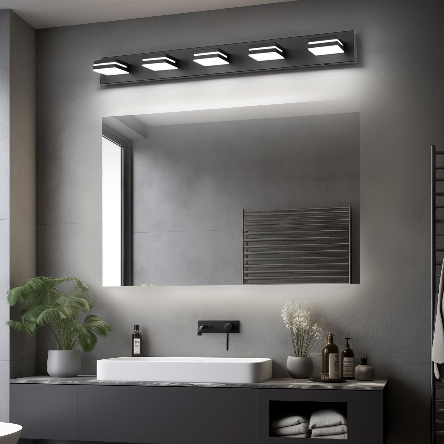 SineRise LED Modern Bathroom Vanity Light Fixtures (5-Light, 40-Inch)(5CCT, Dimmable), Matte Black Modern Acrylic Bathroom Wall Lighting Fixtures Over Mirror (3000K/3500K/4000K/5000K/6000K)