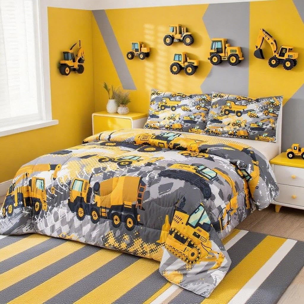 Loussiesd Boys Cartoon Car Bedding Set Kids Construction Vehicles Duvet Insert for Kids Children Cartoon Machinery Truck Duvet Set Construction Site Cars Down Duvet King Size — image 1