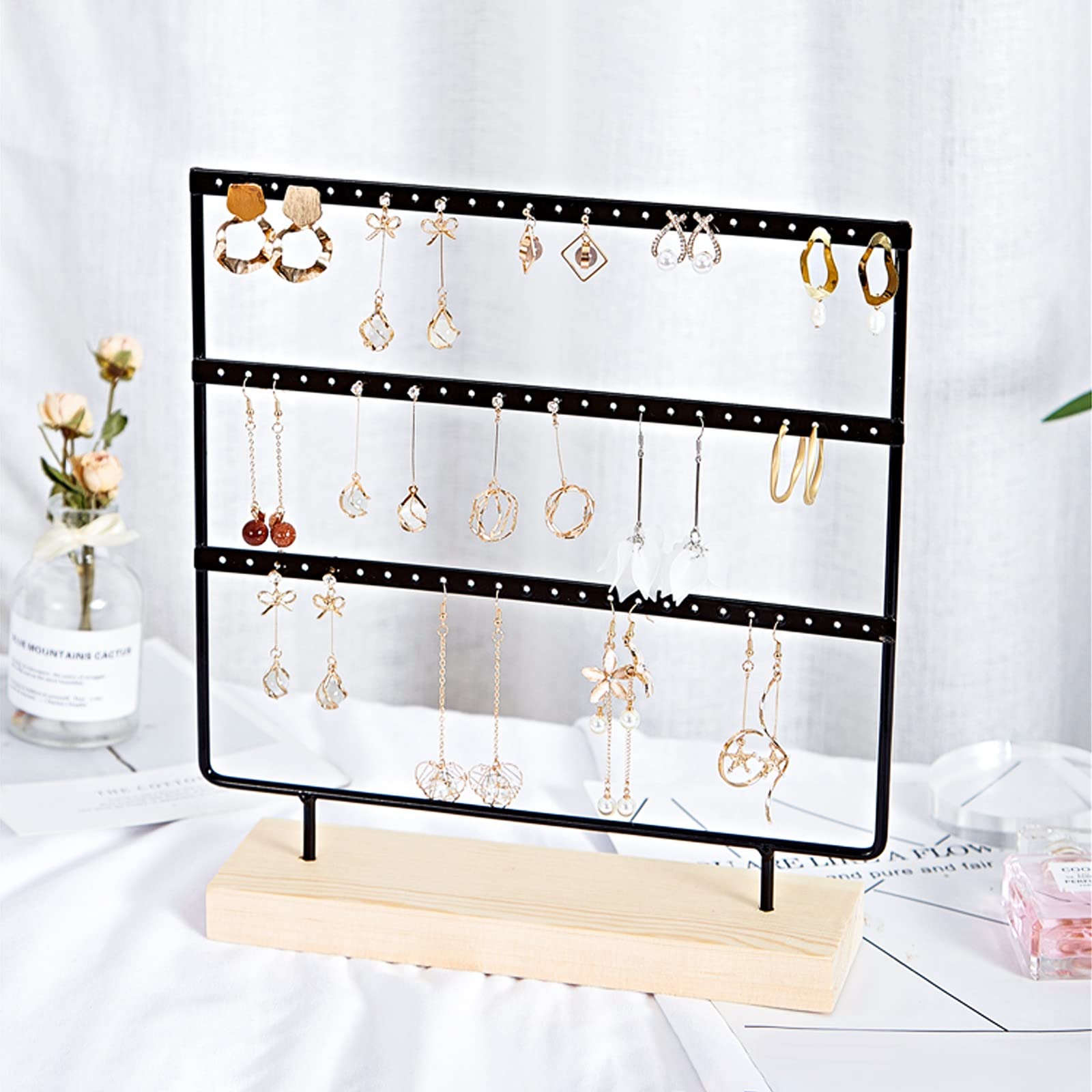 Roterende Sieraden Organizer, Ketting Houder Rack, Oorbel Opslag Organizer Voor Verkoop, Massief Houten Oorbel Houder Met Haken Voor Oorbel Kaarten, Armbanden, Sleutelhangers, Kettingen, Sieraden