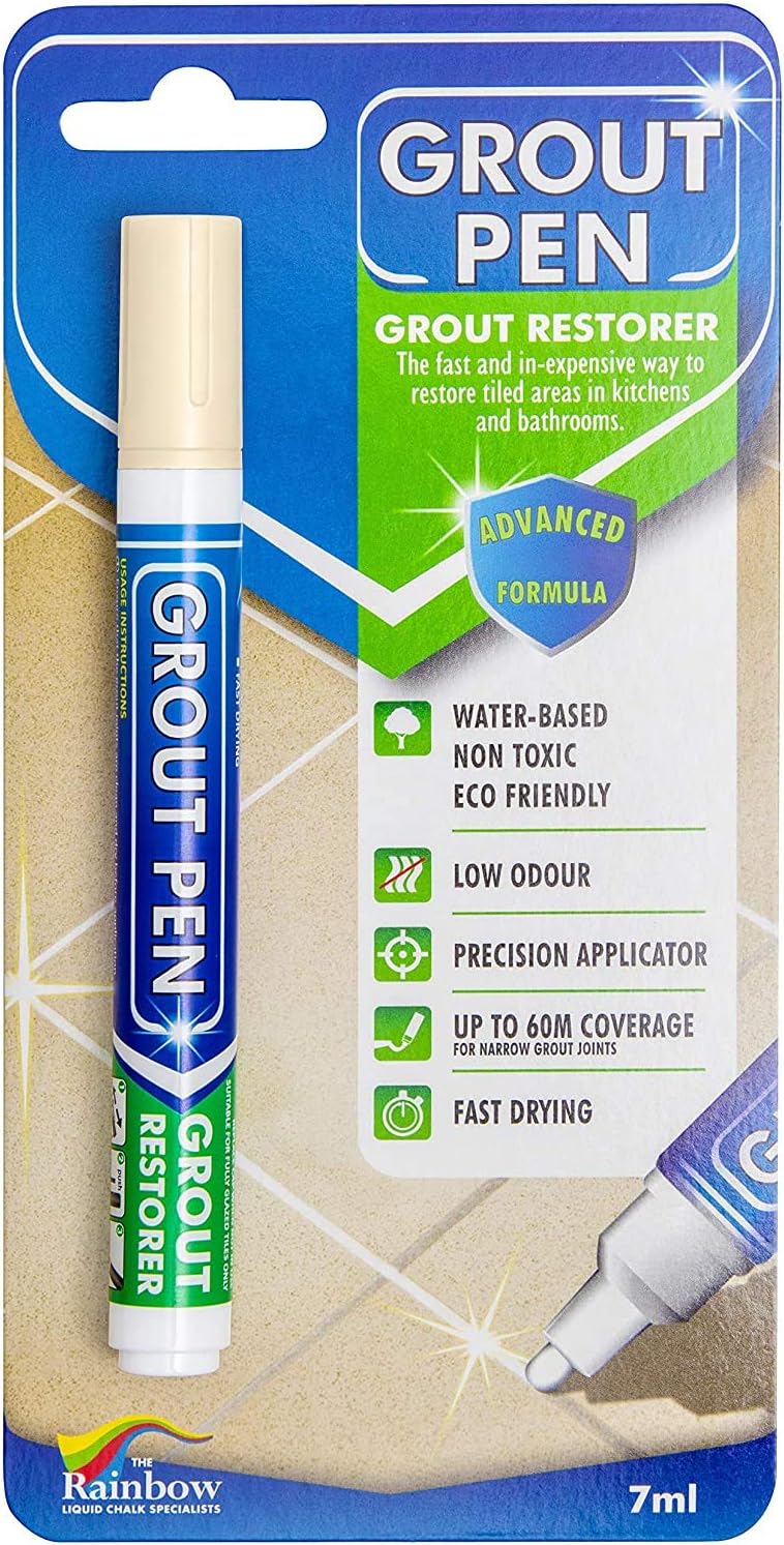 Grout Pen Cream Tile Paint Marker: Waterproof Grout Paint Pen, Tile Grout Colorant and Sealer Pen for Bathroom, Shower, Kitchen, More - Cream, Narrow 5mm Tip (7mL)