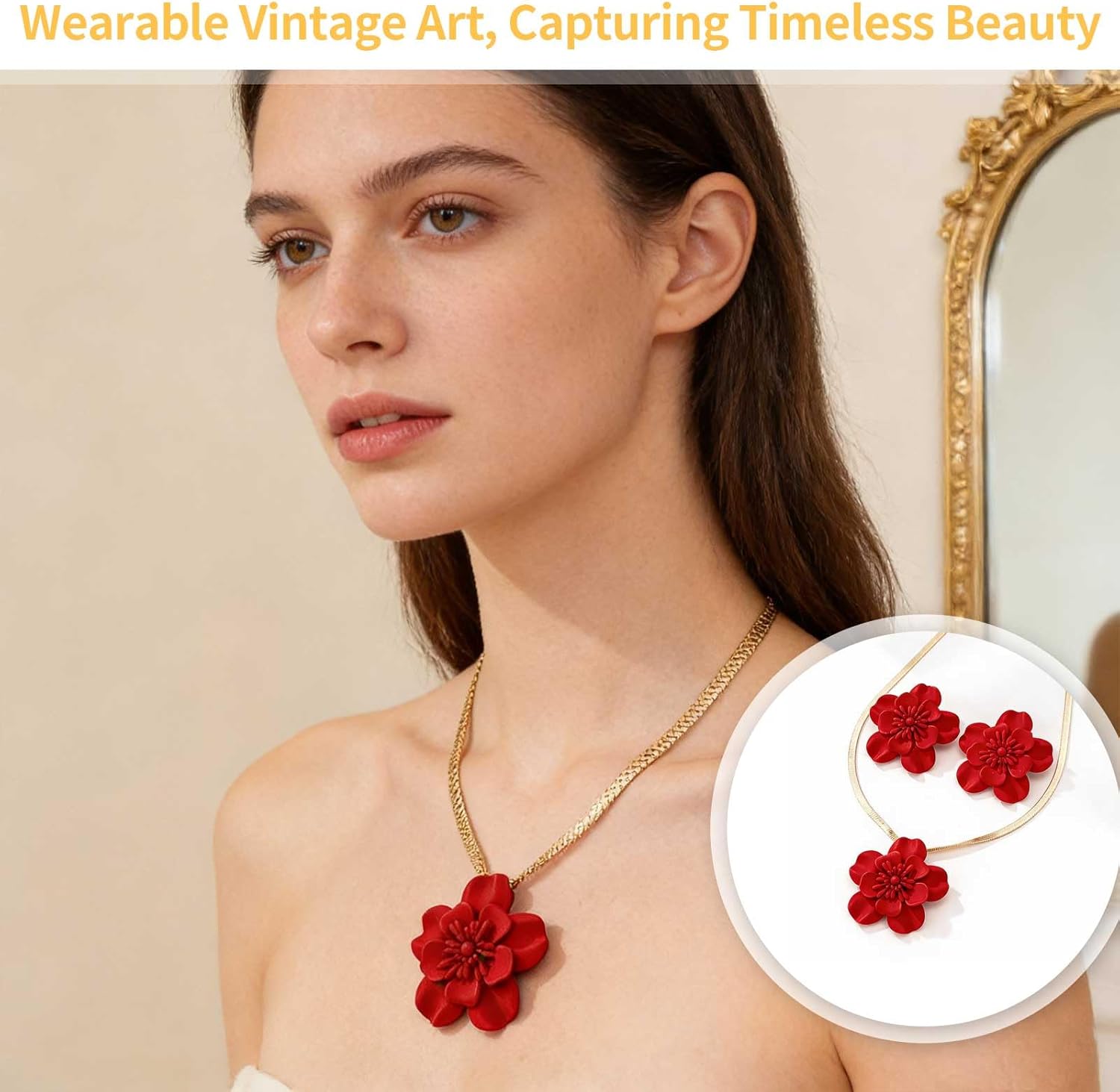 Flower Necklace and Earrings Sets for Women, Red Jewelry Sets Snake Chain Necklace Big Foral Statement Earrings Wedding Party Evening Beach Vacation Jewelry - Image 4
