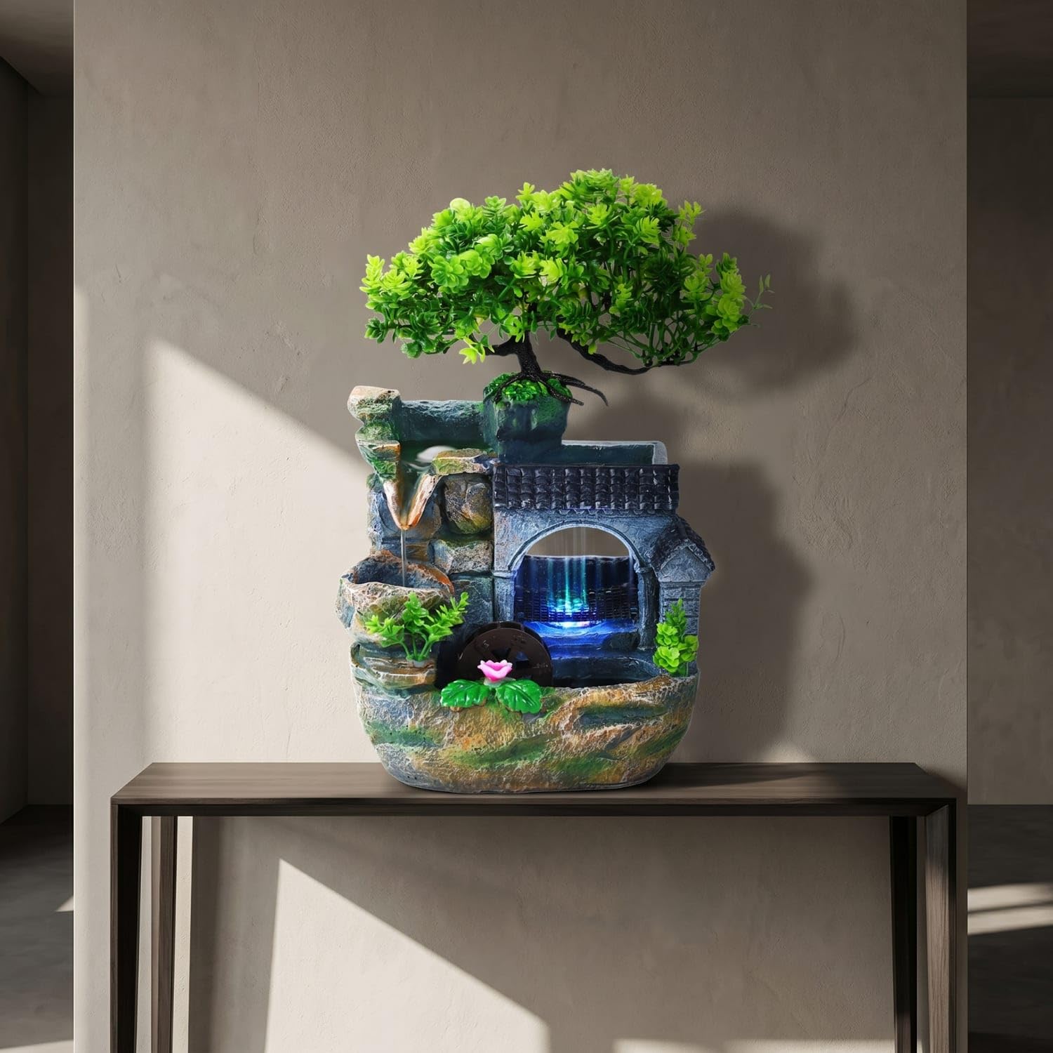 Stone-Look Indoor Fountain with Artificial Plant Decorative Rock Waterfall Fountain Lighted Compact for Office Desk, Living Room, Entryway, Us Plug-image-24