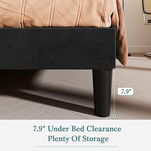 Miniatura 5 de HOOMIC Base de cama de plataforma de tamaño matrimonial, cama tapizada de terciopelo moderno con cabecera capitoné de canal vertical ajustable,