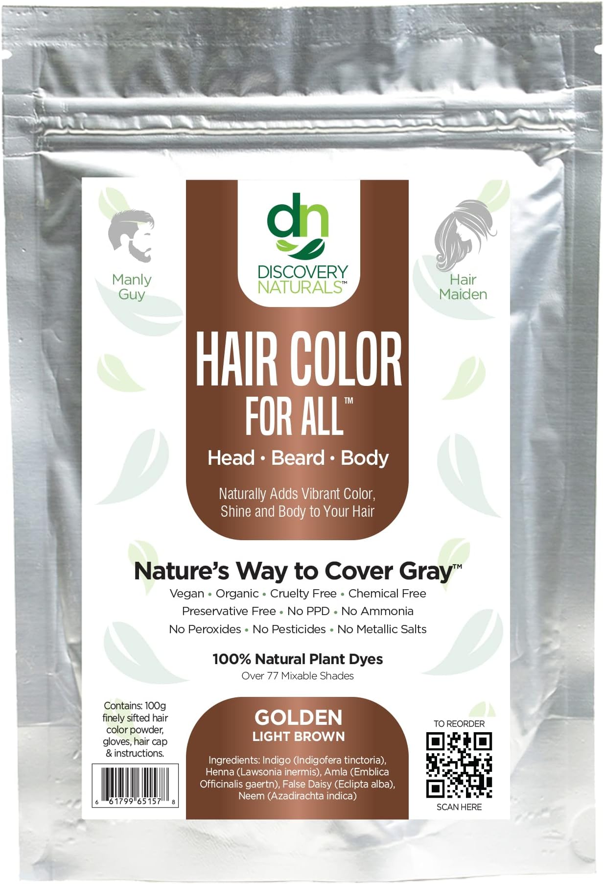 Brown Henna Hair Color For All Kit | 100% All Natural Indigo Powder Hair Dye & Beard Dye (Golden Light Brown) Organic, Herbal & Vegan Chemical & Cruelty Free Permanent Gray Coverage & Tinting