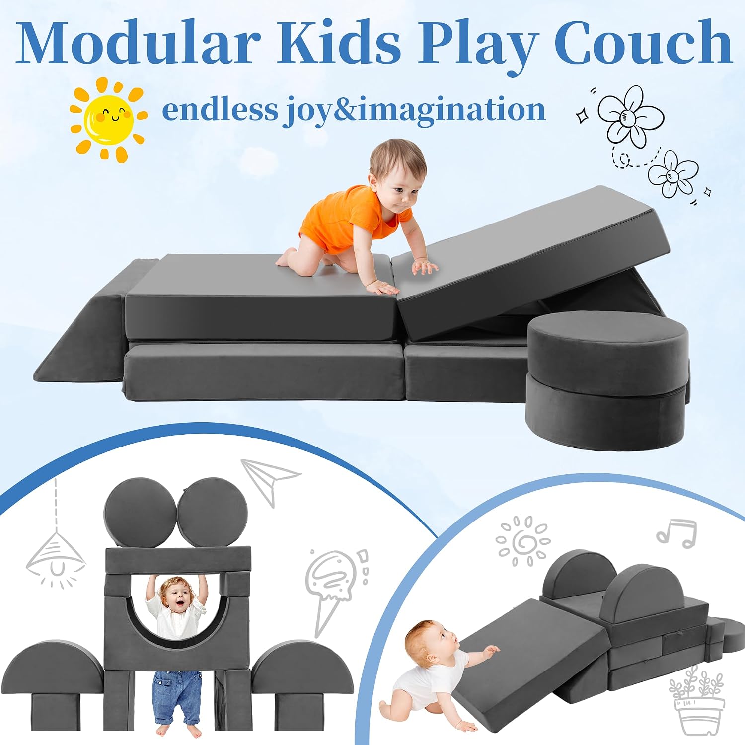 Edbuosy Toddler Couch Kids Sofa Modular - 18pcs Children Couches Building Fort, Convertible Foam Playing Cushion Creative Playroom Floor Furniture for Baby 1-3 to Teen Sofa and Play Set