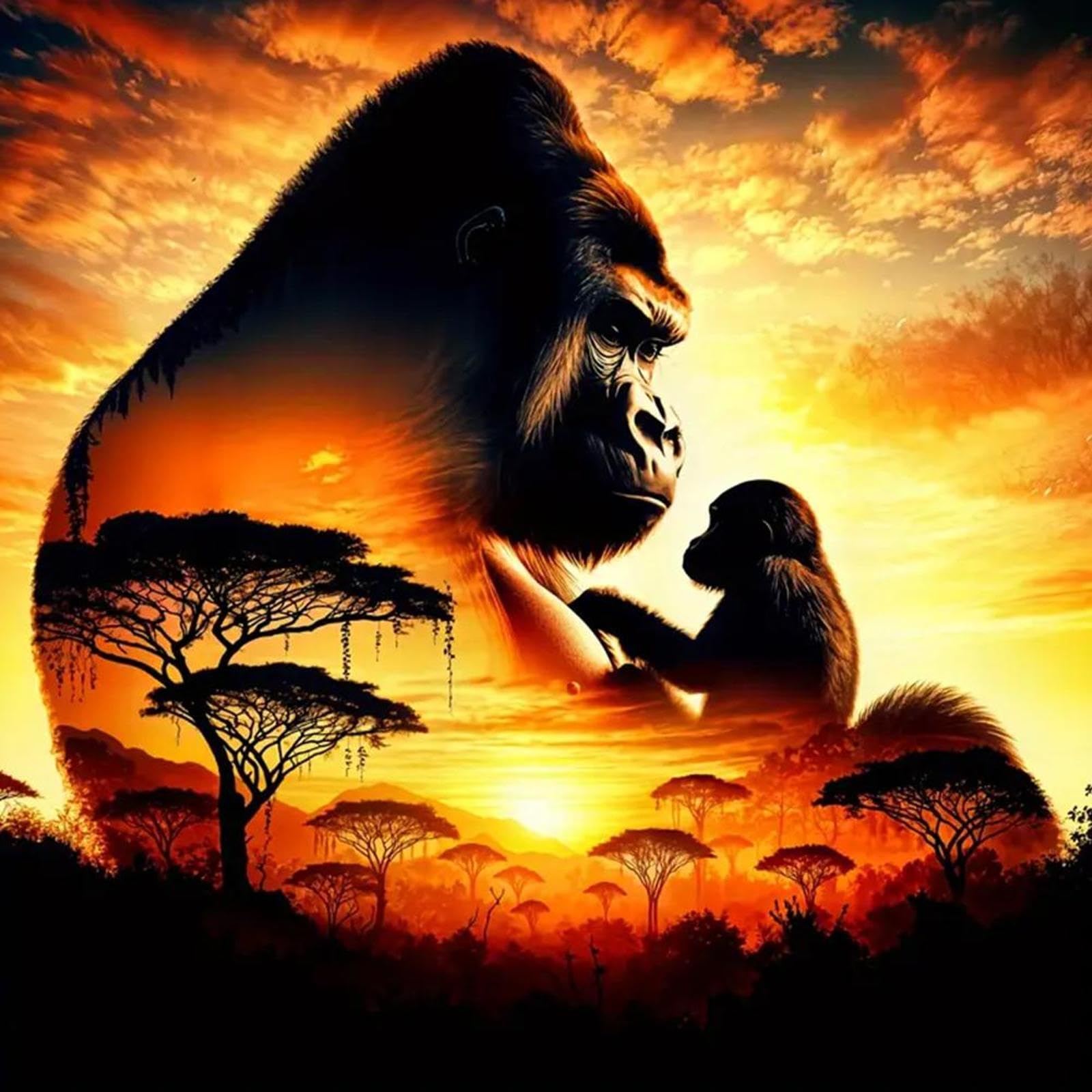 Animal Diamond Painting Kit, 5D DIY Full Round Drill Diamond Art for Home Wall Decor, Complete Embroidery Rhinestone Canvas Picture for for Adults Beginners 15.74X15.74 Inch(Gorilla Silhouette)