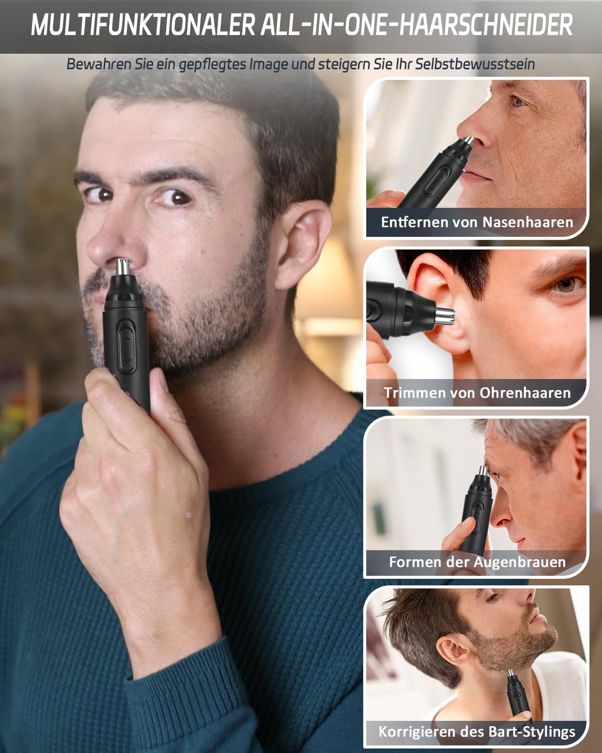 Trymer do włosów w nosie i uszach, akumulator USB, czarny