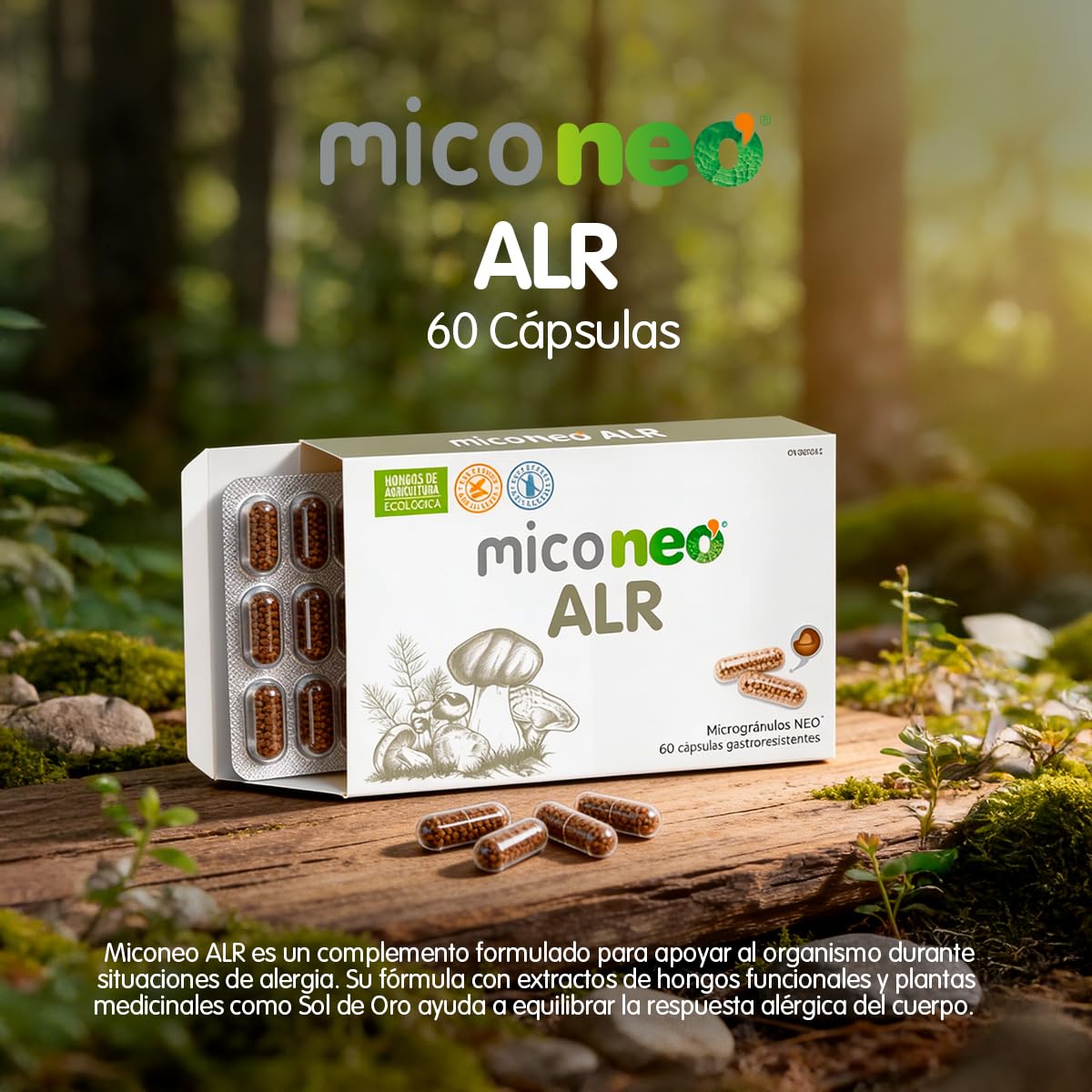 MICO NEO | ALR | 60 Cápsulas | Ayuda contra los Síntomas de Alergias Estacionales | Reduce la Tos | A Base de Sol de Oro, Reishi, Champiñón del Sol, Melena de León y Camu Camu