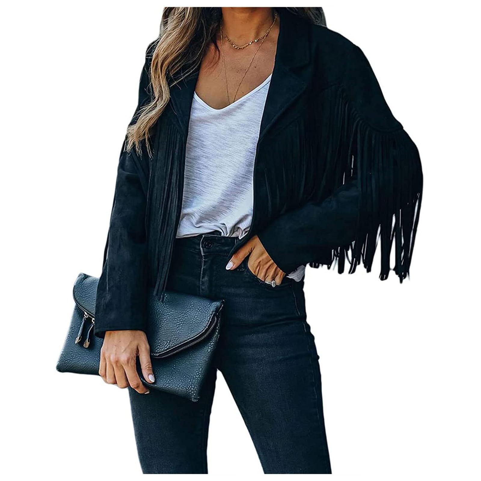 Faux Suede Leather Jackets for Women Fringe Tops Long Sleeve Western Concert Jacket Motorcycle Tassel Cropped Coats