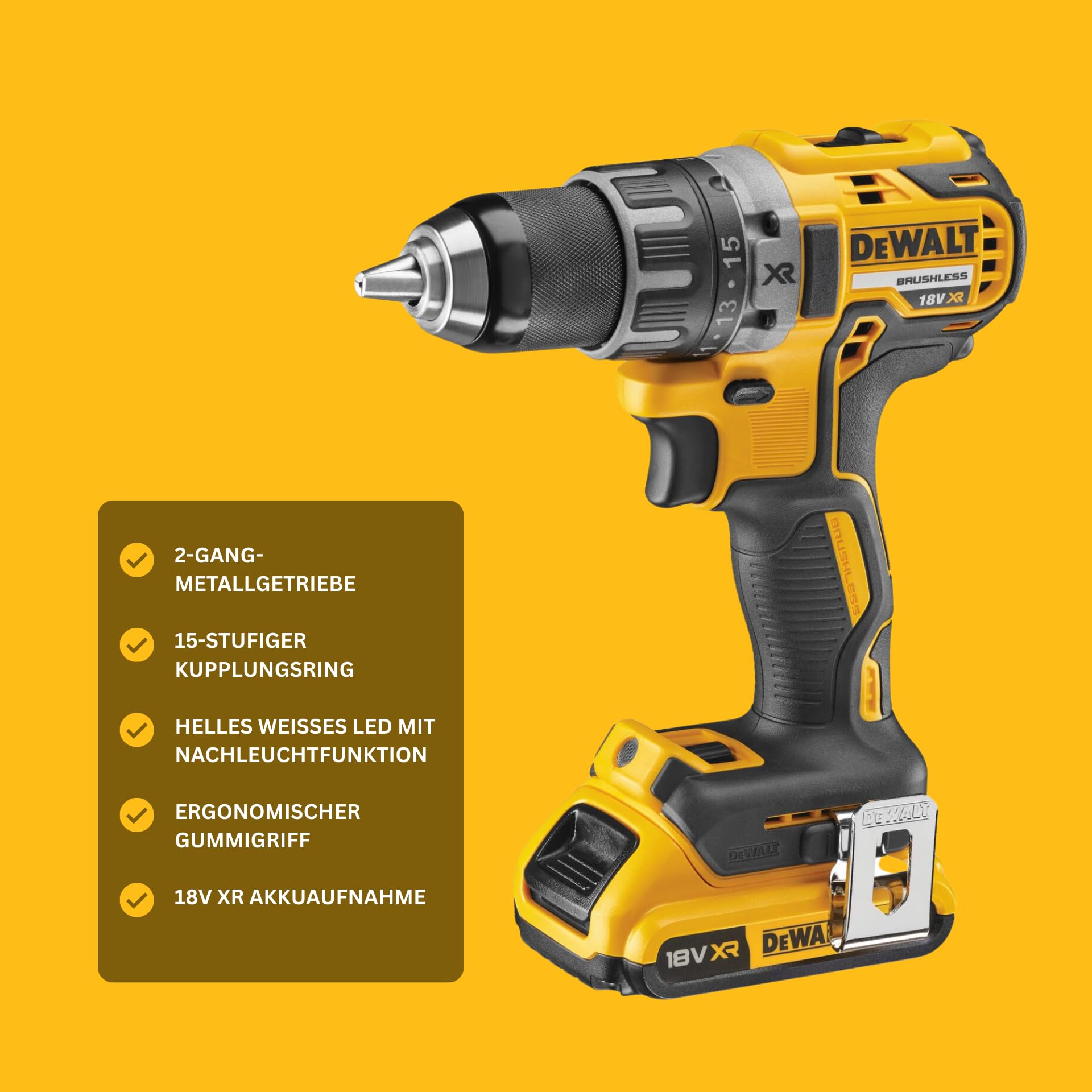DEWALT XR 18V Akku-Bohrschrauber mit Bürstenloser Technologie, Ultra-Kompakt, 2x 2Ah Akkus & Ladegerät, 70Nm Drehmoment, LED-Arbeitsleuchte, Robuster Koffer – DCD791D2-QW