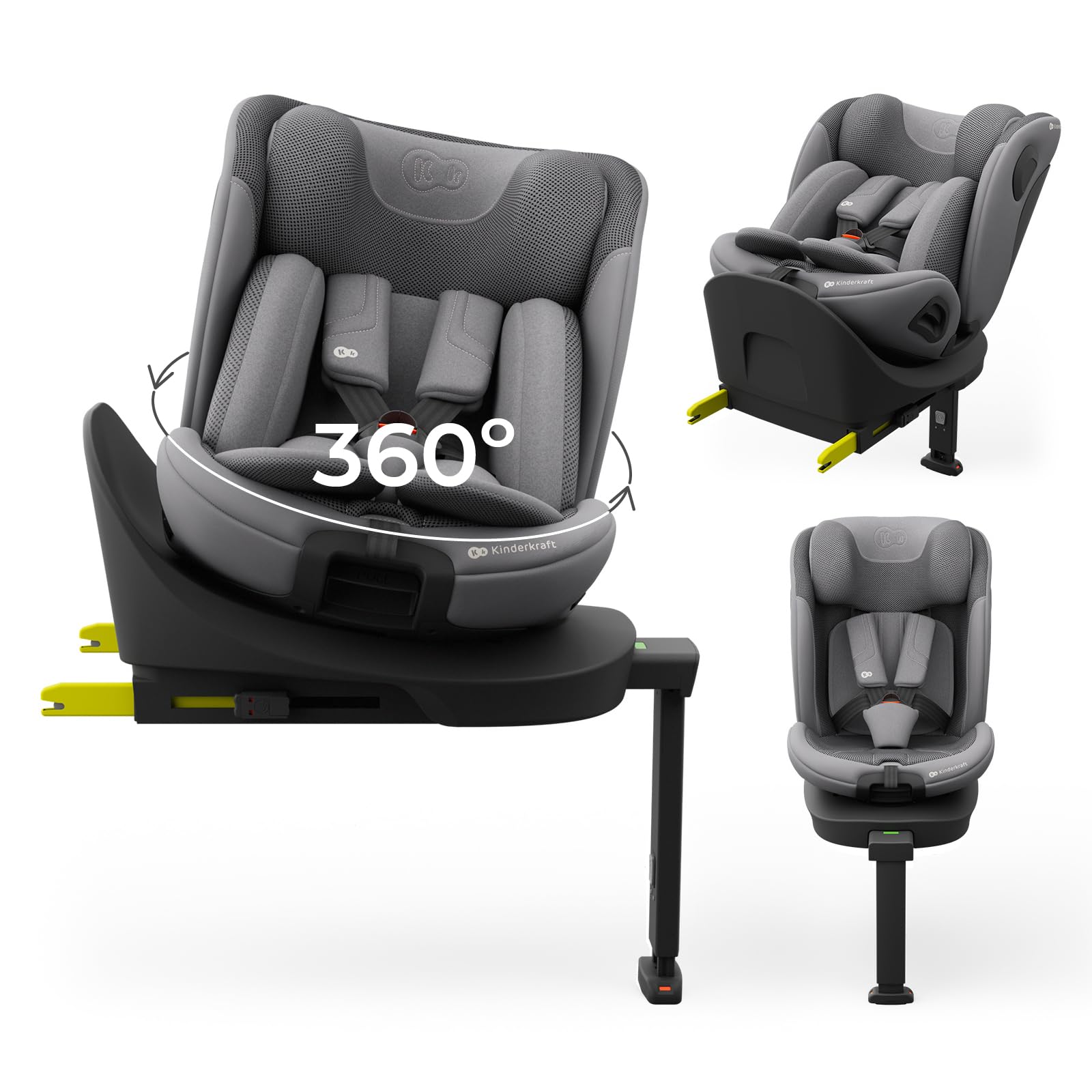 Kinderkraft I-360 2 PRO, fotelik samochodowy i-Size 40–150 cm, obracany 360°, ISOFIX, tyłem i przodem, H-GUARD+, SPS+, EASY SPIN PRO, EASY GROW, od narodzin do 12 lat, Szary