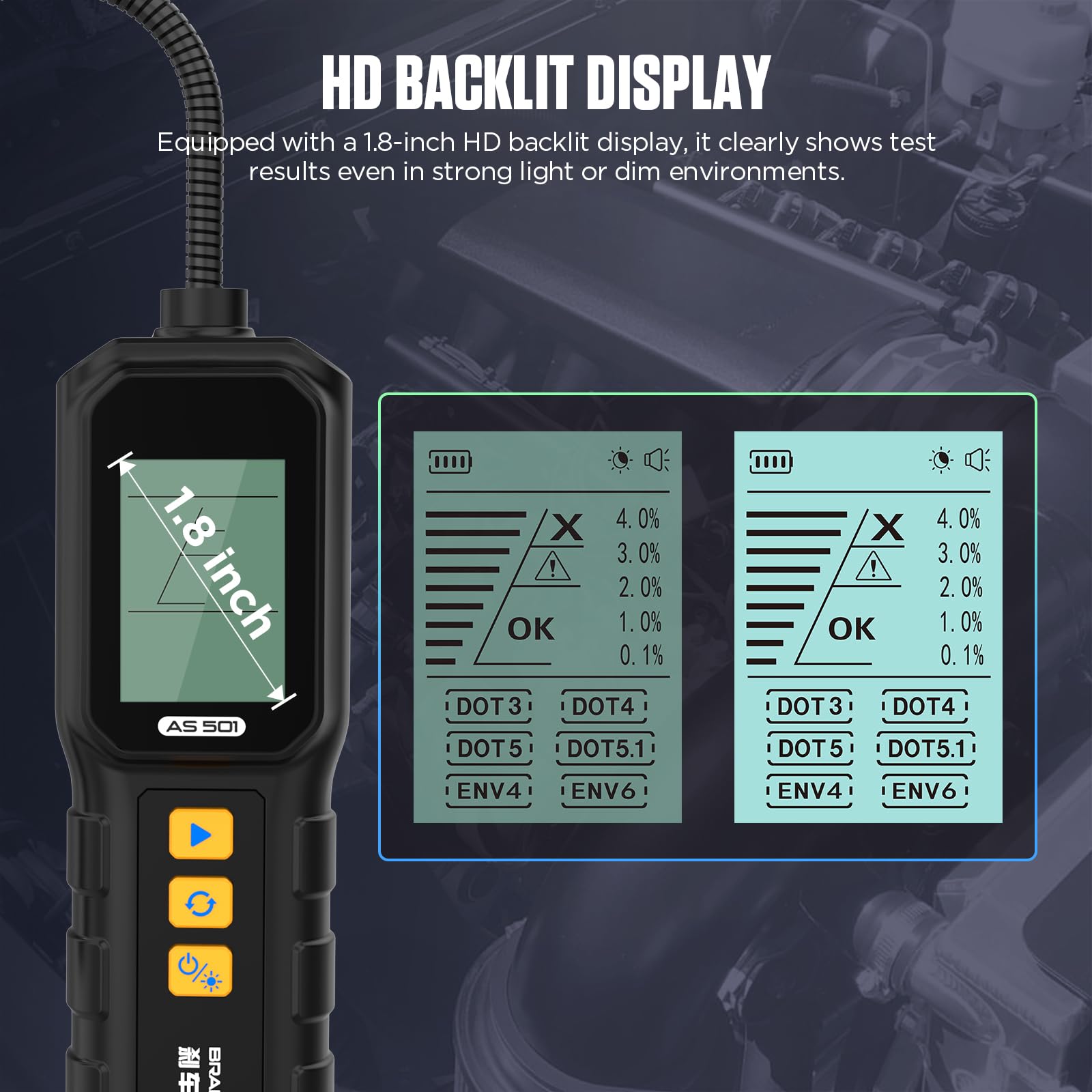 AS501Tester Universale per Liquido dei Freni, per Auto, Test per DOT3, DOT4, DOT5, DOT5.1, ENV-4, ENV-6 con Display retroilluminato ad Alta Definizione