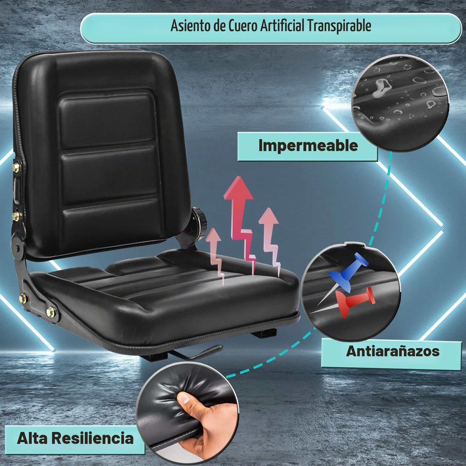 Asiento Universal para Elevadora, Asiento para Tractor con Respaldo Ajustable, Asiento para Vehículos Agrícolas, Asiento de Piel Sintética para Tractor de Césped Excavadora
