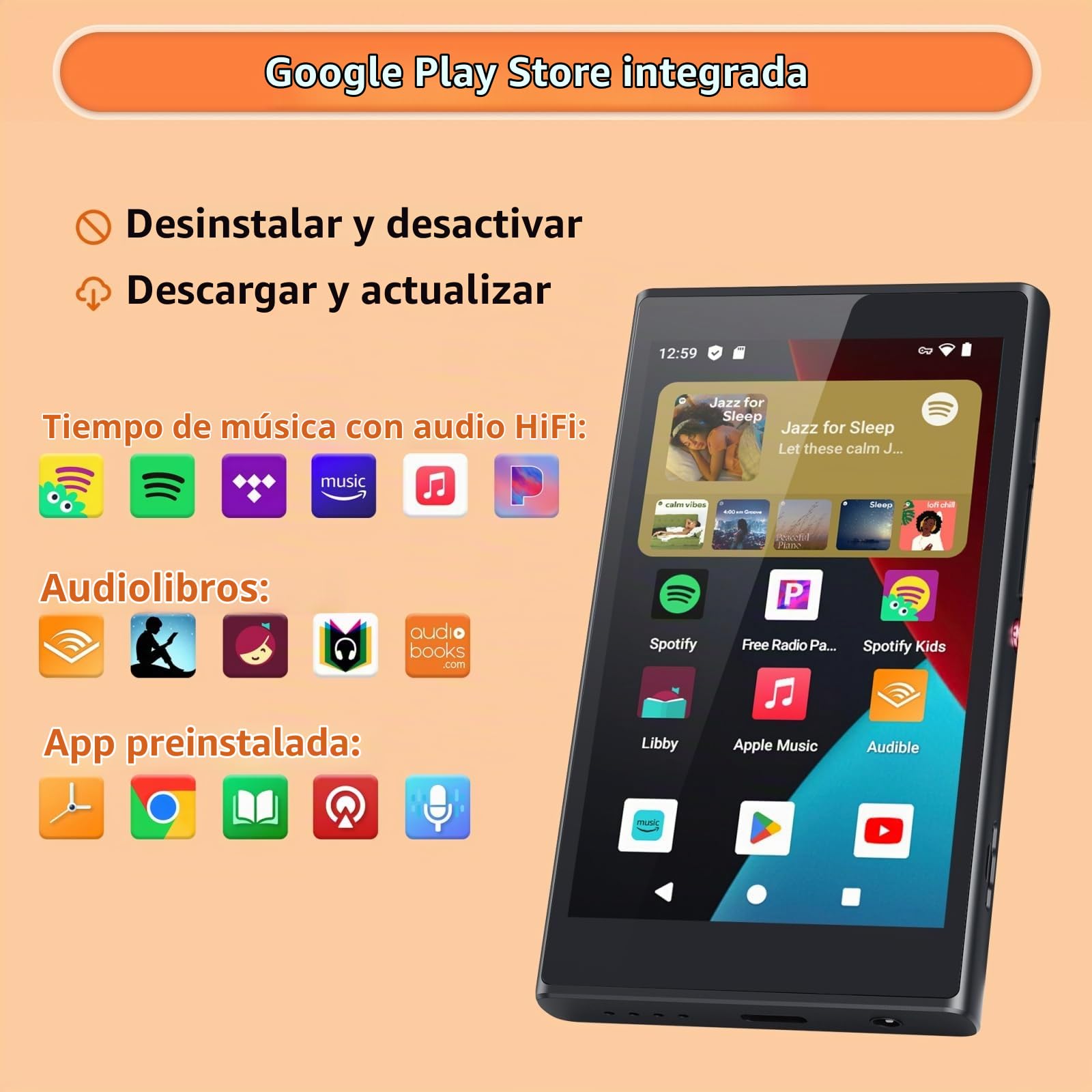 Reproductor MP3 de 96 GB con Bluetooth y WiFi, Android 14, Play Store, Spotify, Pandora, Amazon Music, Pantalla IPS de 4", MP3 y MP4 para niños con Family Link, Libby y Audible, hasta 512 GB.