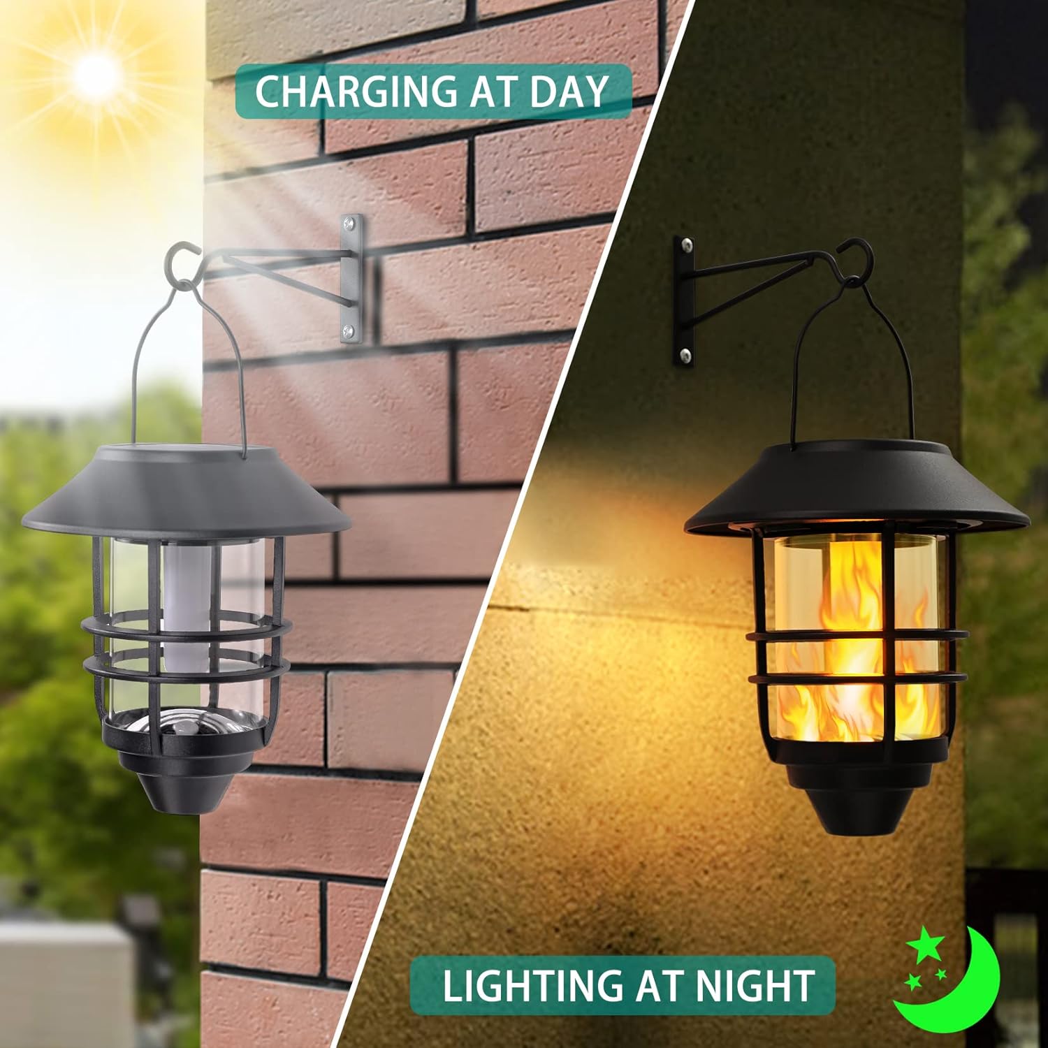 Black Solar Wall Lanterns with Flickering Flames, 2 Pack