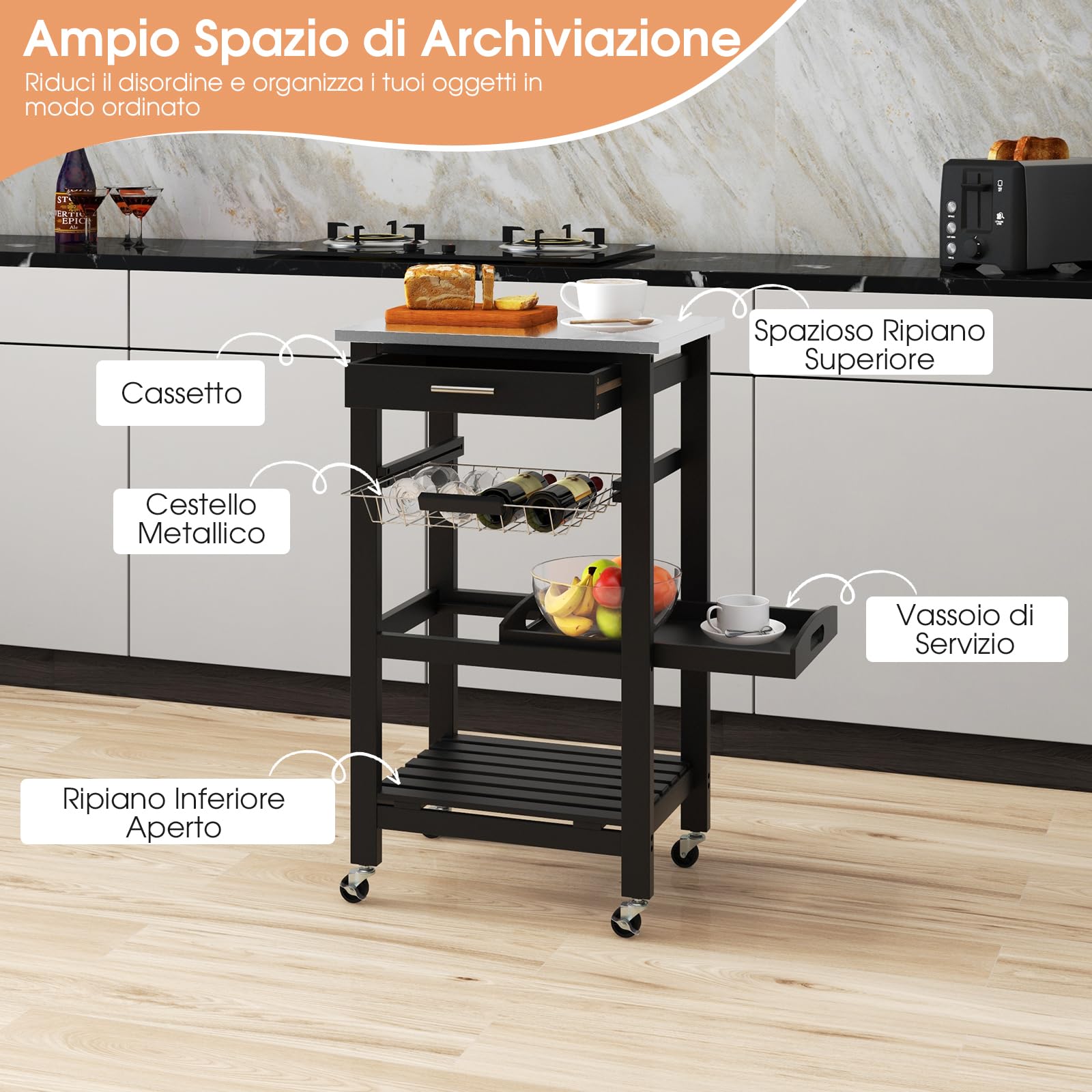 Carrello da Cucina a 4 Livelli, Isola da Cucina con Piano in Acciaio Inox, Cestino in Rete e Vassoio di Servizio Rimovibile, Carrello Bar per Cucina e Sala da Pranzo, 47x39x85 cm (Nero)