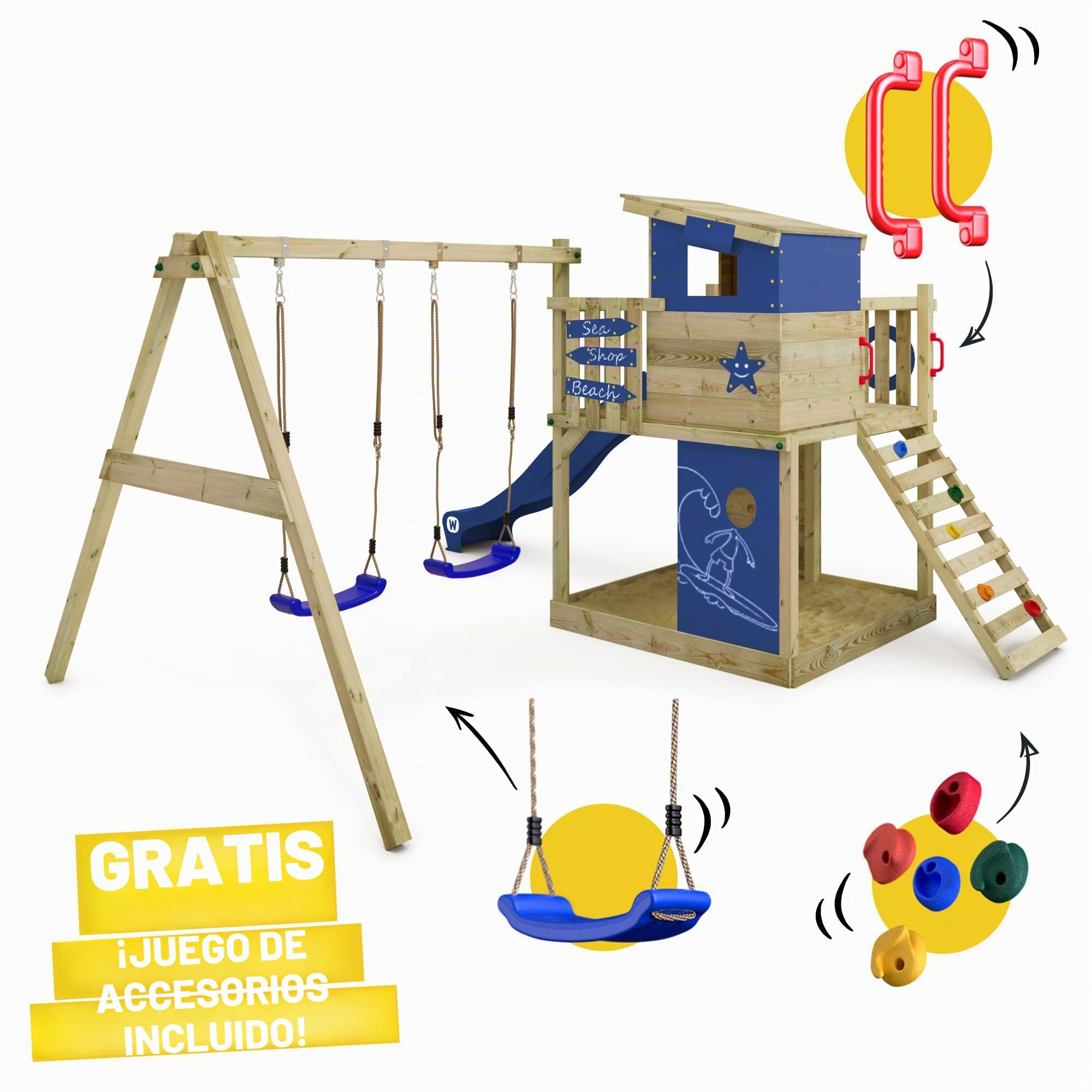 WICKEY Parque Infantil de Escalada Smart Camp con Columpio y tobogán Verde, Torre de Escalada para niños al Aire Libre con arenero, Escalera y Accesorios de Juego para el jardín