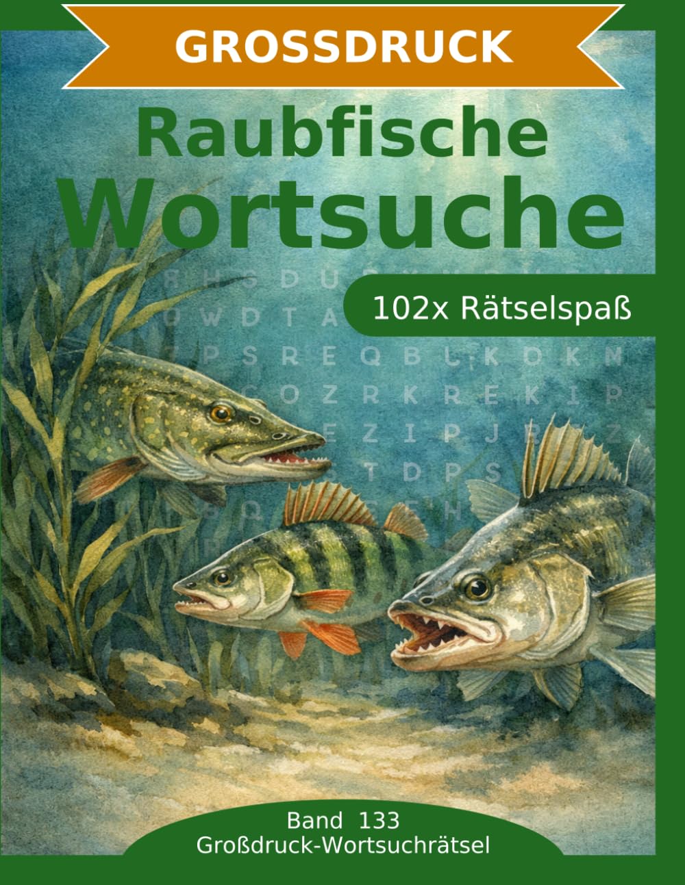 Raubfische — Wortsuche in Großdruck: 102 Wortsuchrätsel mit extra großer Schrift | Geschenkidee für Oma & Opa