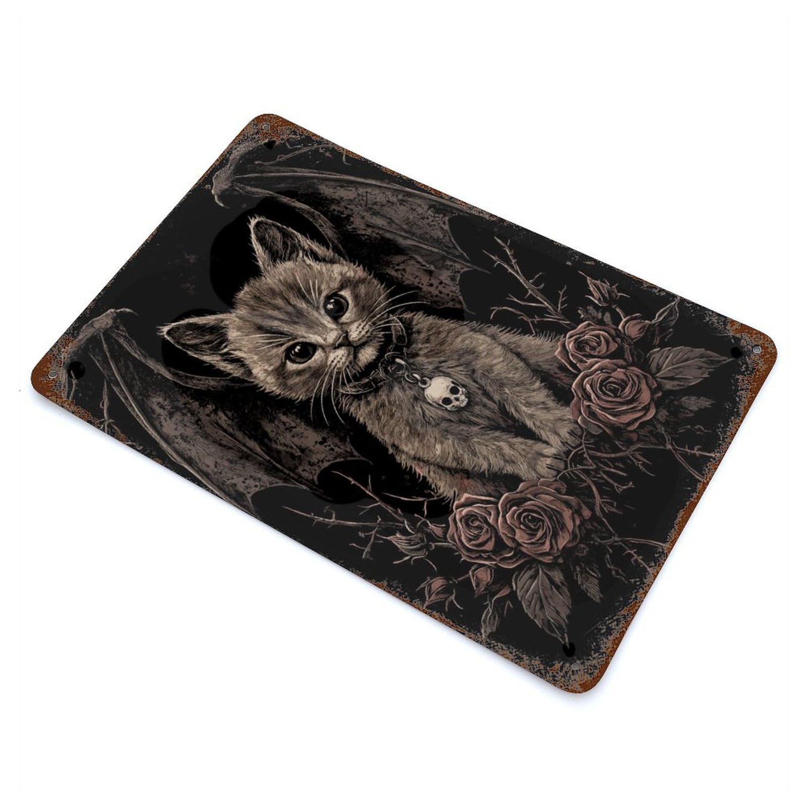 Garage Style Dark Gothic Kitten with Wings Rust Effect Tin Sign 11.8"x7.9", Vintage Wall Decor for Bar And Workshop
