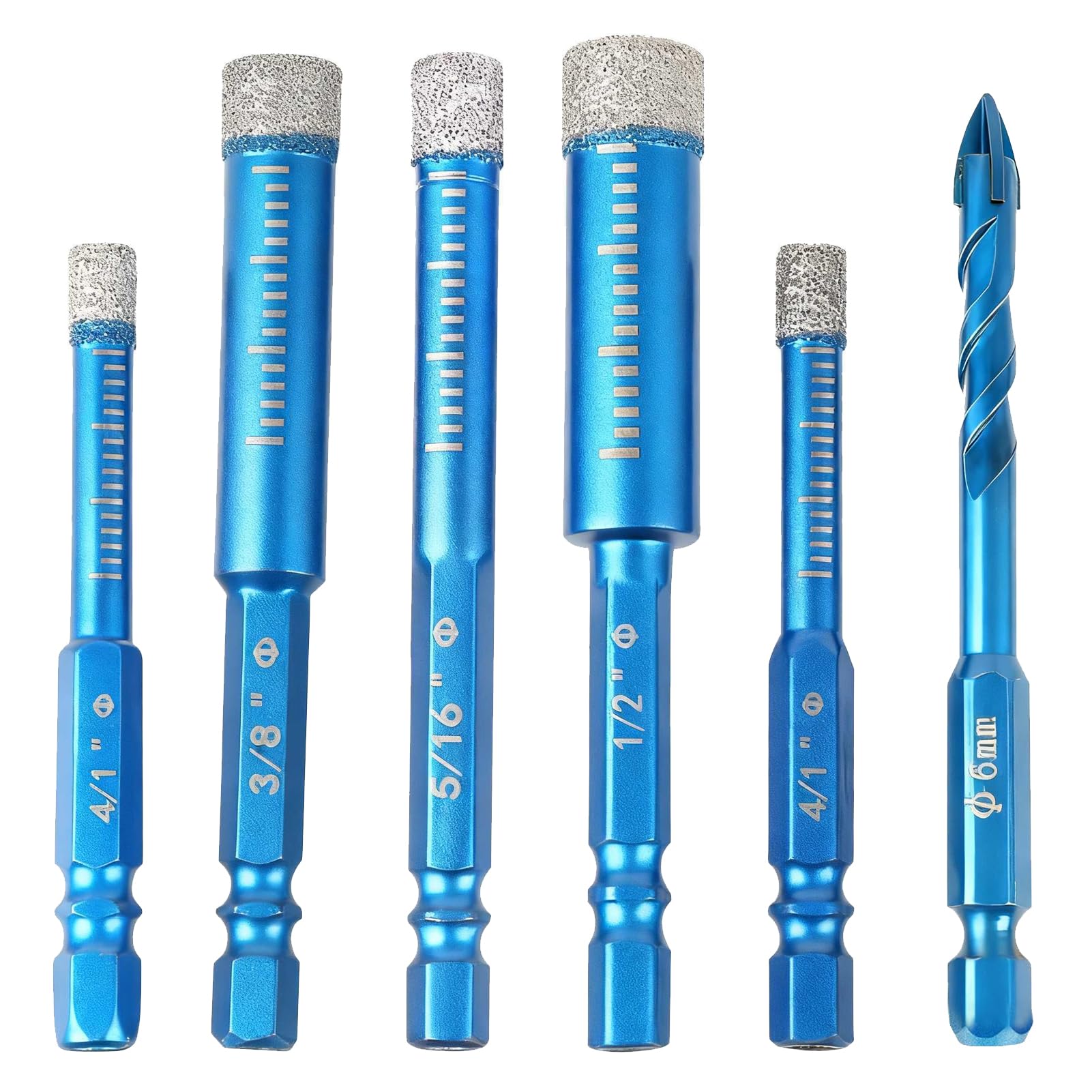 broca porcelanico,Set de Brocas de Diamante 6 Piezas con Vástago Hexagonal – Brocas de 6/8/10/12mm + Broca de Carburo de 6mm para Cerámica, Vidrio, Porcelana, Azulejos, Ladrillo y Mármol