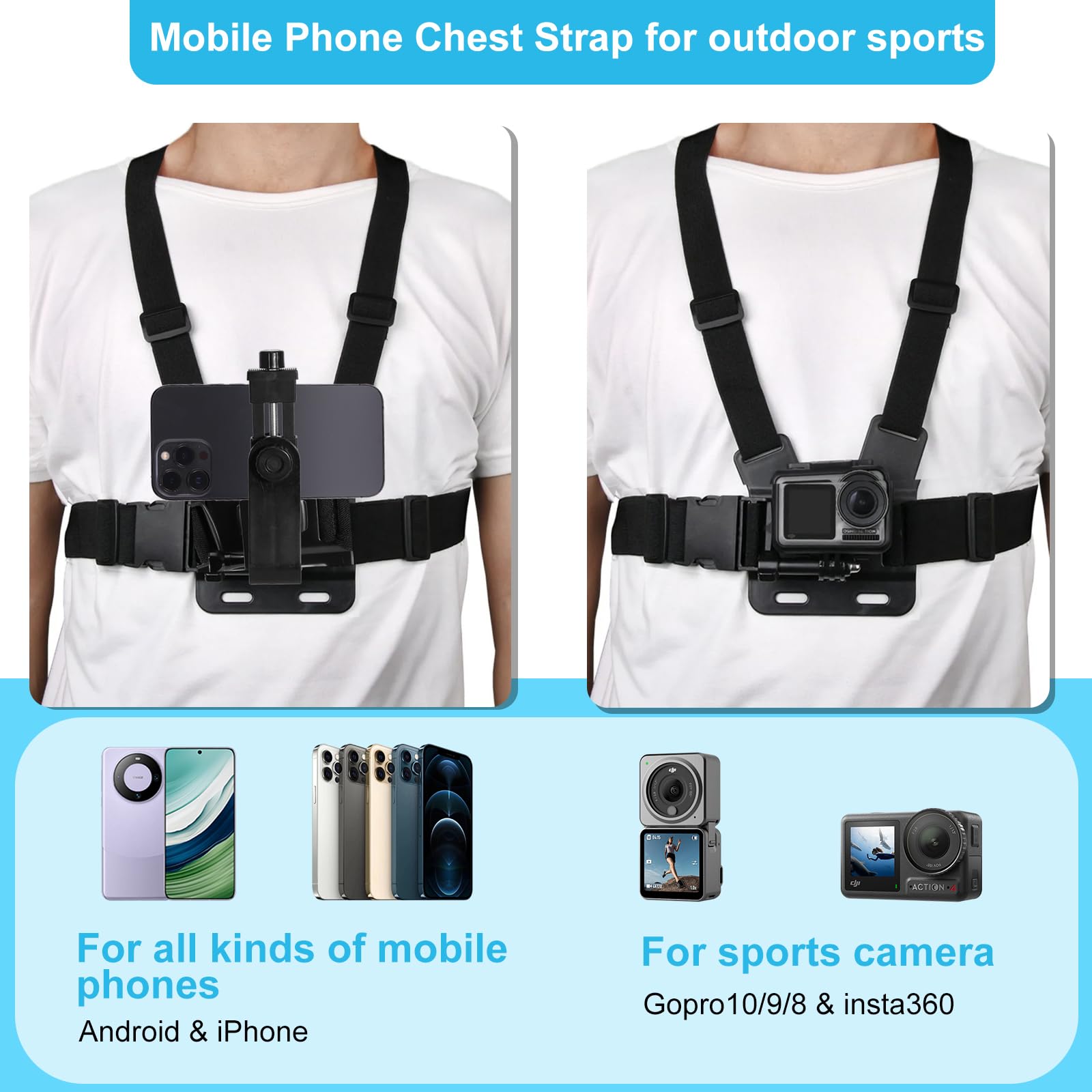 Imbracatura per telefono, regolabile, con rotazione a 360° per registrazione verticale e orizzontale, supporto per fotocamera a mani libere per Vlog, ciclismo, pesca, viaggi, video POV