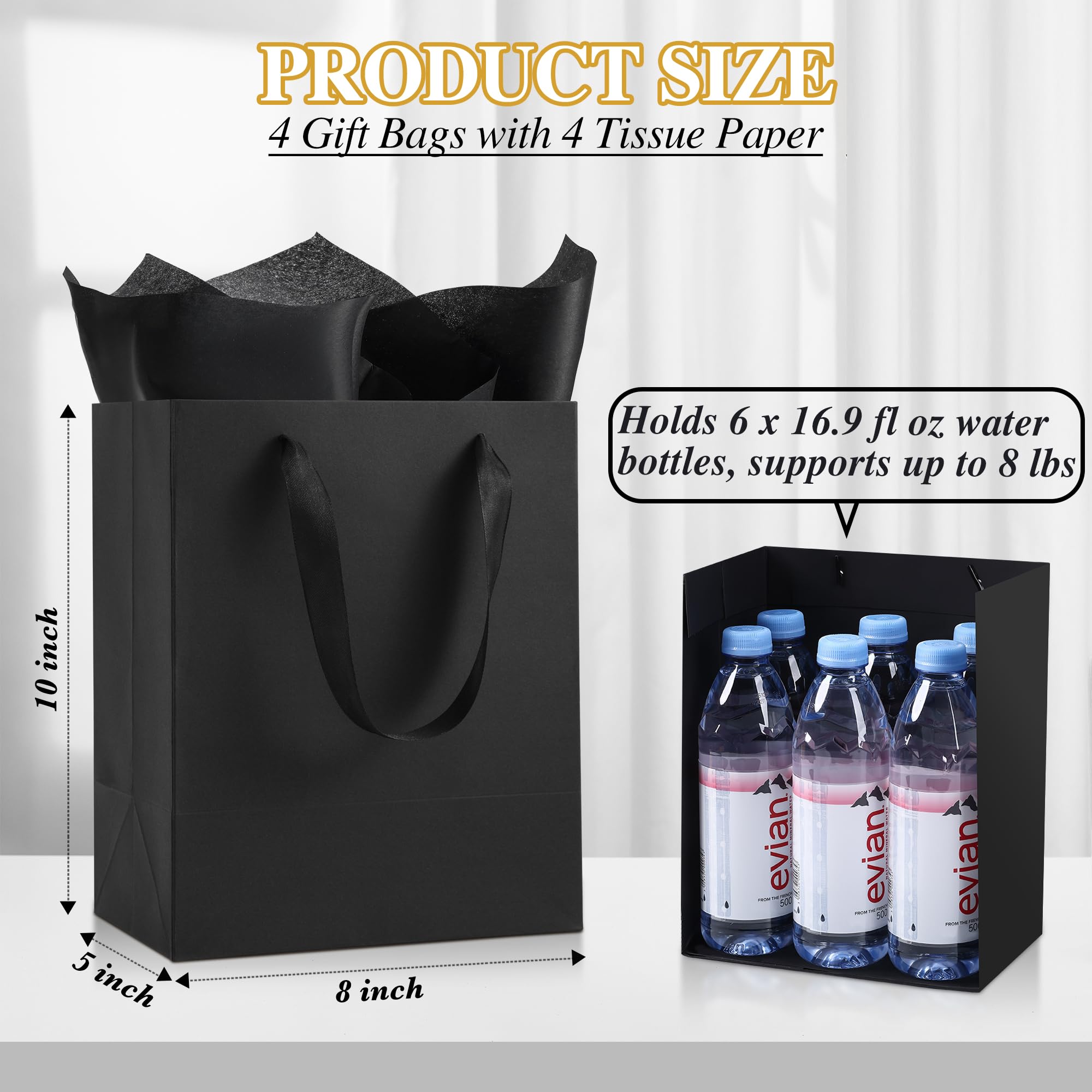 PASEOTA 4 Pack Black Gift Bags with Handles and Tissue Paper, 10" x 8" x 5" Small Black Paper Bags for Men Women Birthday Party Wedding Baby Shower Father's Day (BK-S, 4 Pcs)