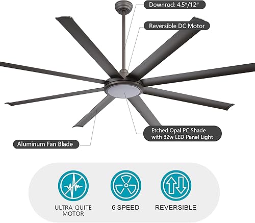 Miniatura 7 de WINGBO Ventilador de techo industrial de 64 pulgadas con luz y control remoto, ventilador de techo de 8 aspas de aluminio, 3CCT, motor CC reversible