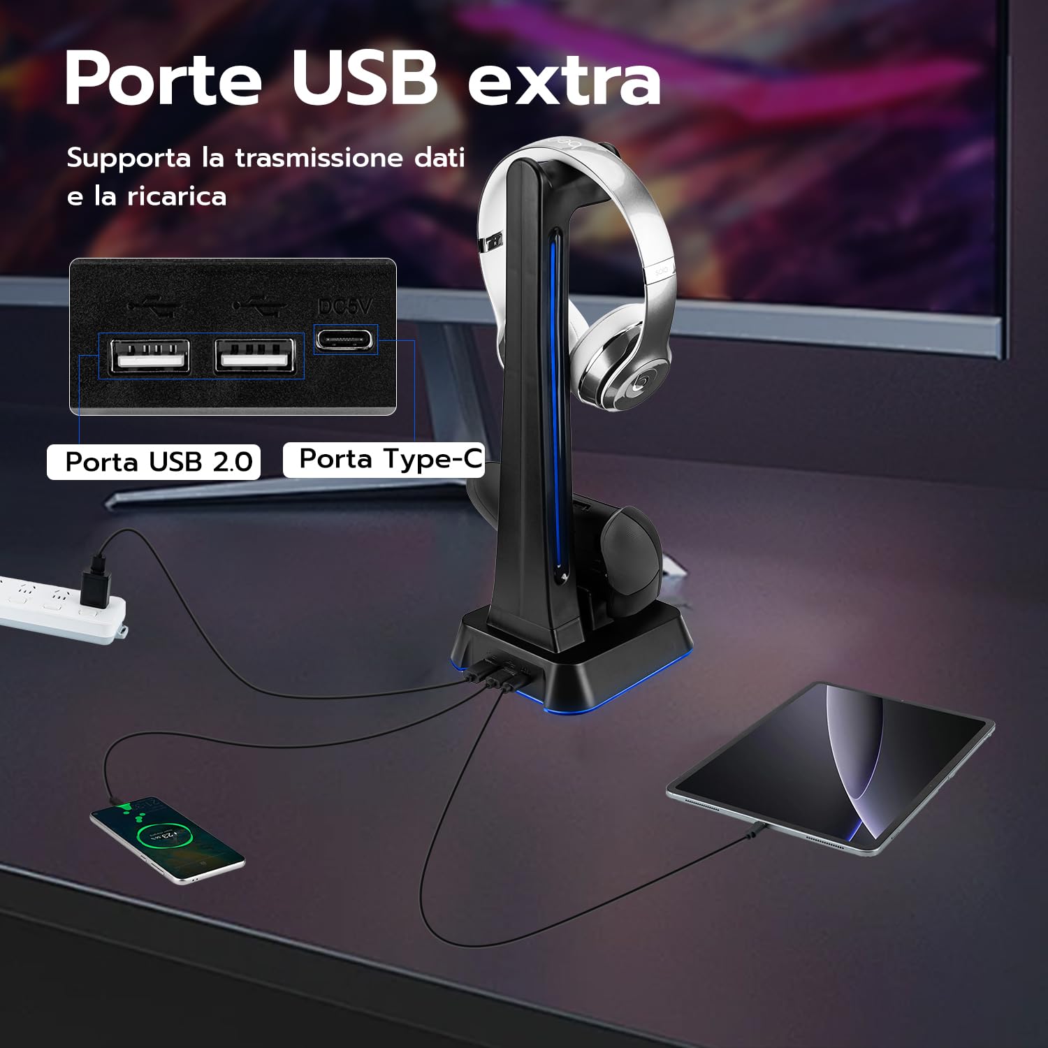 Wigearss Stazione di Ricarica, Caricatore per Xbox Series X/S, Xbox Elite 1/2, Xbox One, Xbox One X/S Controller DualSense con Supporto per Cuffie, Illuminazione RGB