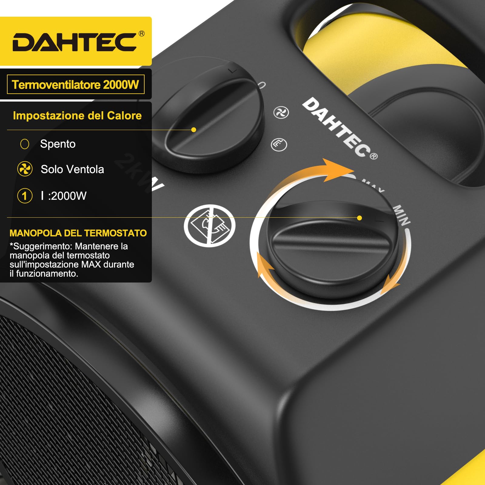 Stufa Elettrica 2000W - Termoventilatore - Radiatore Elettrico Basso Consumo - Termostato e Protezione da Surriscaldamento - per Casa, Bagno o Officina