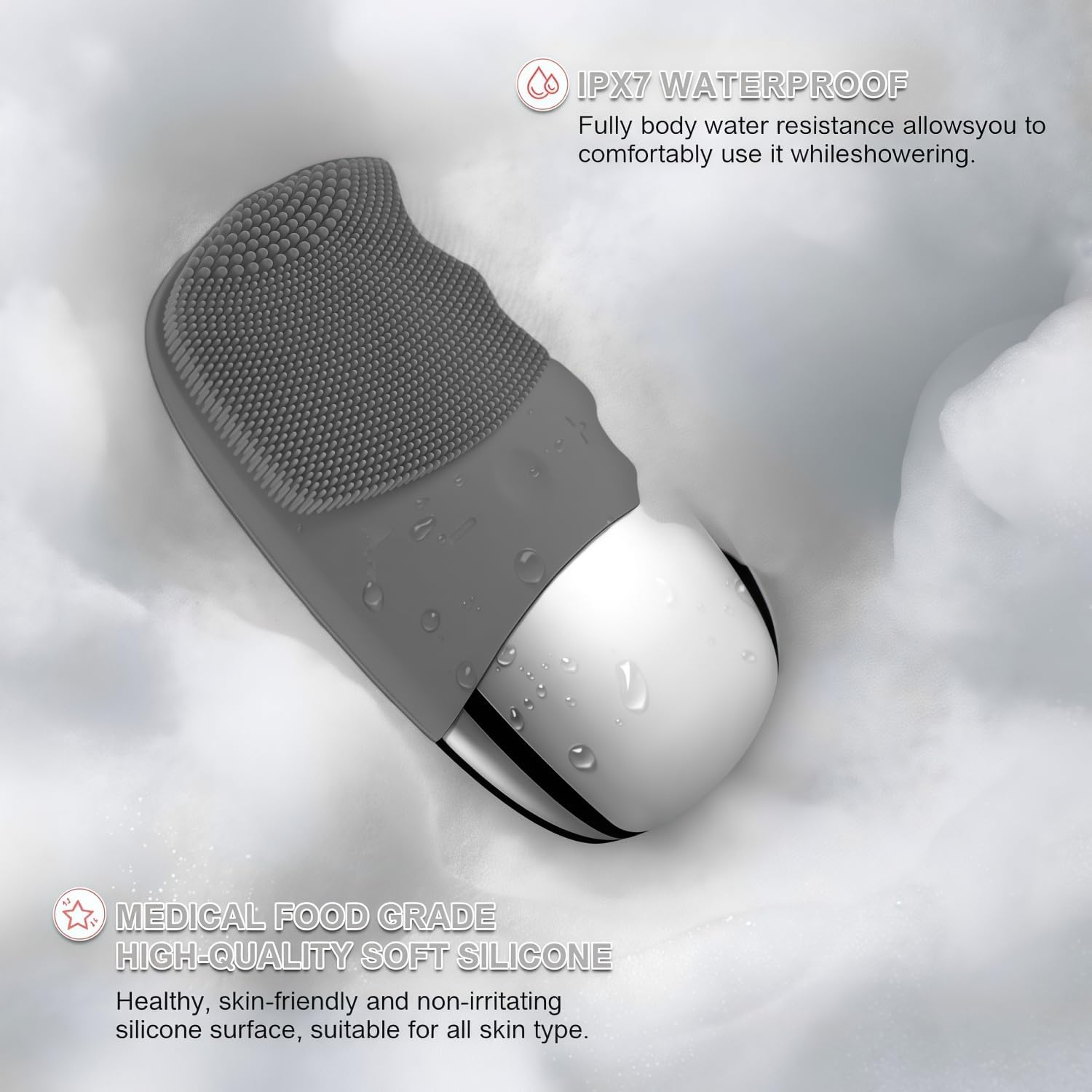 MEGAN Facial Cleansing Brush,USB Rechargeble Electric Silicone Face Scrubber,IPX7 Waterproof Sonic Facial Massager, 3 in 1 face Brush for Deep Cleanning, Blackhead Remover, Exfoliating.(Black) - Image 6