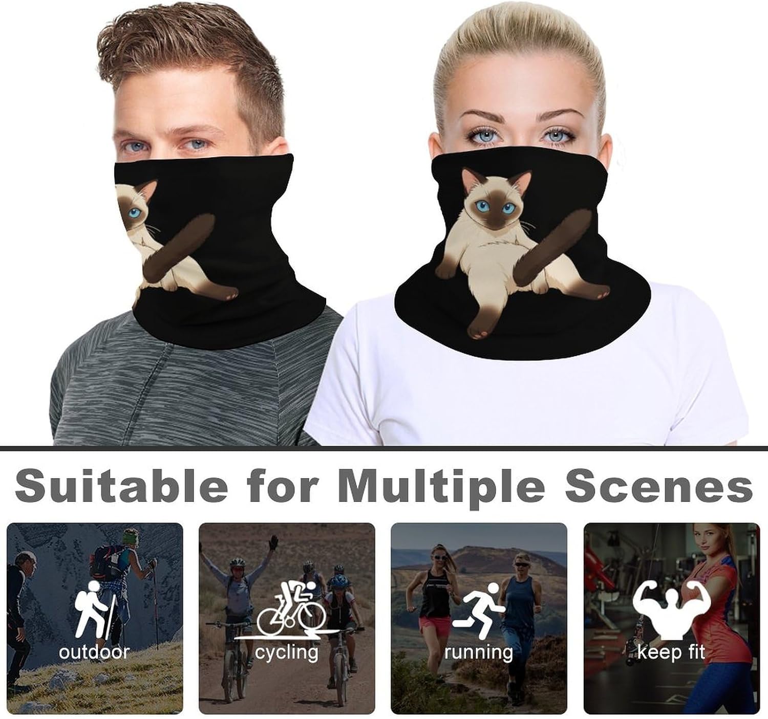 Funny Siamese Cat Unisex Neck Gaiter Face Scarf Cover Sun Hoods for Outdoor Hiking Skiing