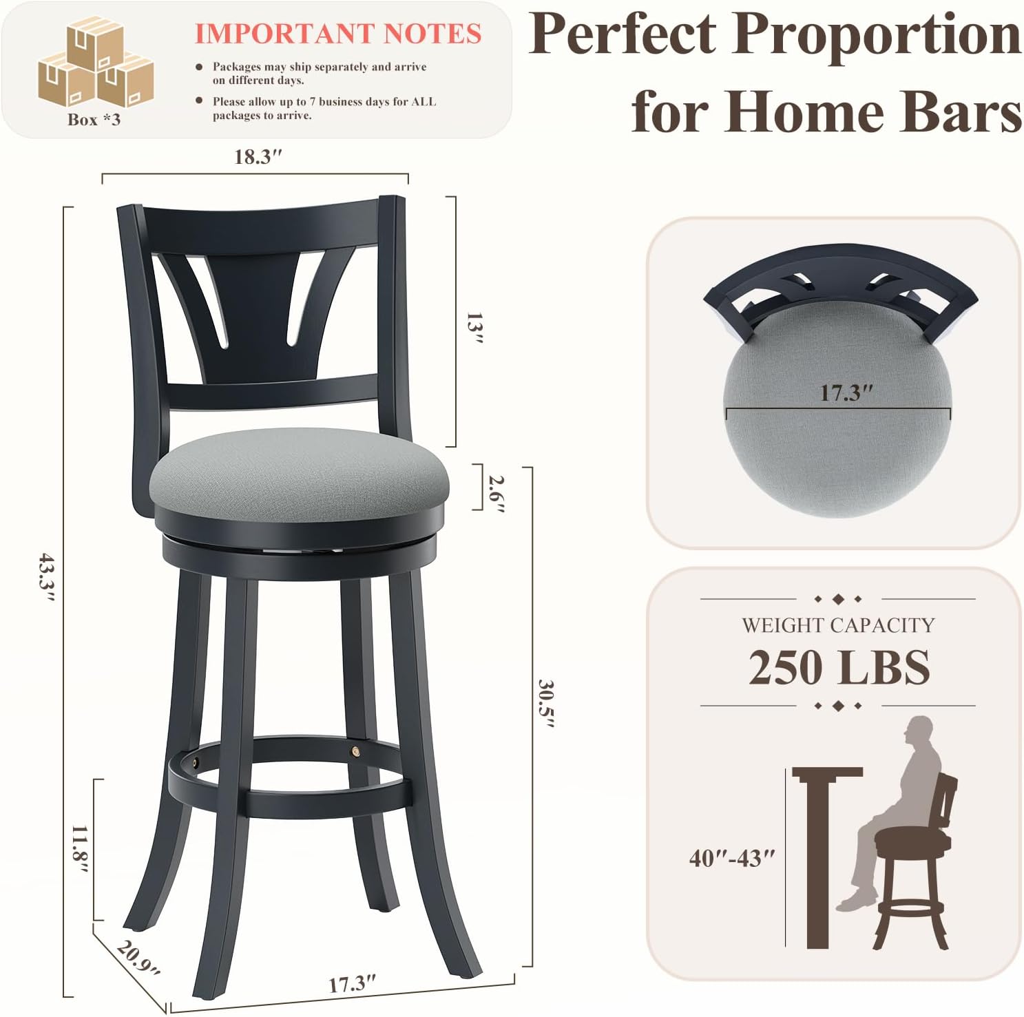 MALOL Swivel Bar Stools Set of 5, 26 Inch Counter Height Barstool with Silent Rotation, High-Density Foam Cushion, Solid Wood Frame, Footrest & Anti-Slip Pads for Kitchen Islands and Home Bars, Grey