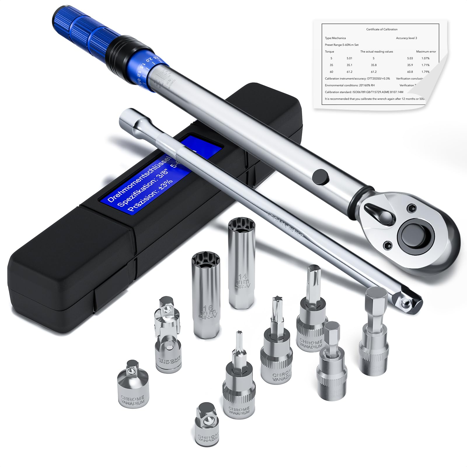 MOCINE Llave Dinamométrica 3/8", 5-60 Nm Llave de Torqu, Bicicleta, Moto,Bujías Set, 13 piezas, Con barra de extensión de 250 mm, adaptador de 3/8" a 1/2" y 1/4", Magnética de Bujía