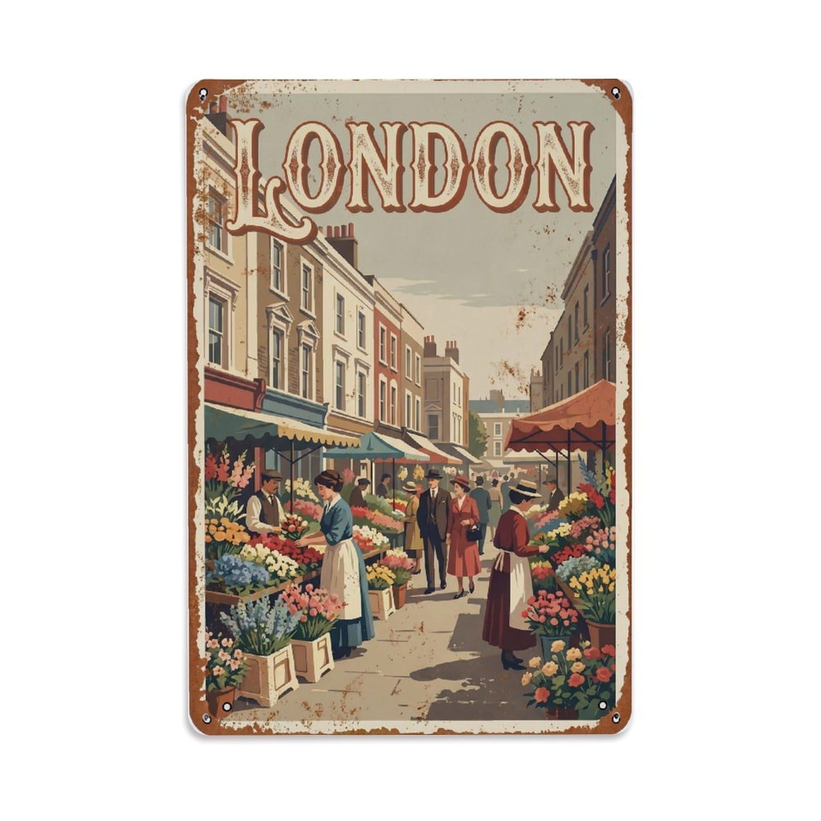 Vintage Travel London Columbia Road Flower Market Rusted England Metal Tin Sign Plaque Wall Decor for Cafe, Club Bar, Office, Home Garden Metal Poster 8x12Inch