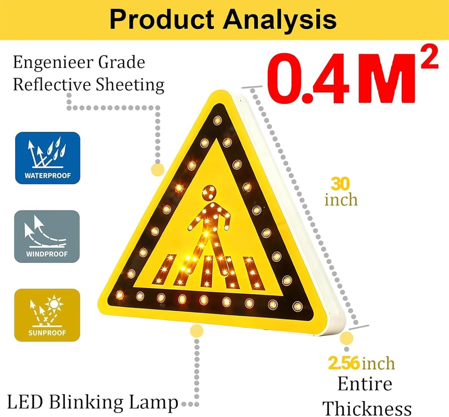 30" Solar LED Flashing Pedestrian Crossing Sign - Rust-Proof Aluminum Traffic Warning Sign with Mounting Accessories for Enhanced Road Safety