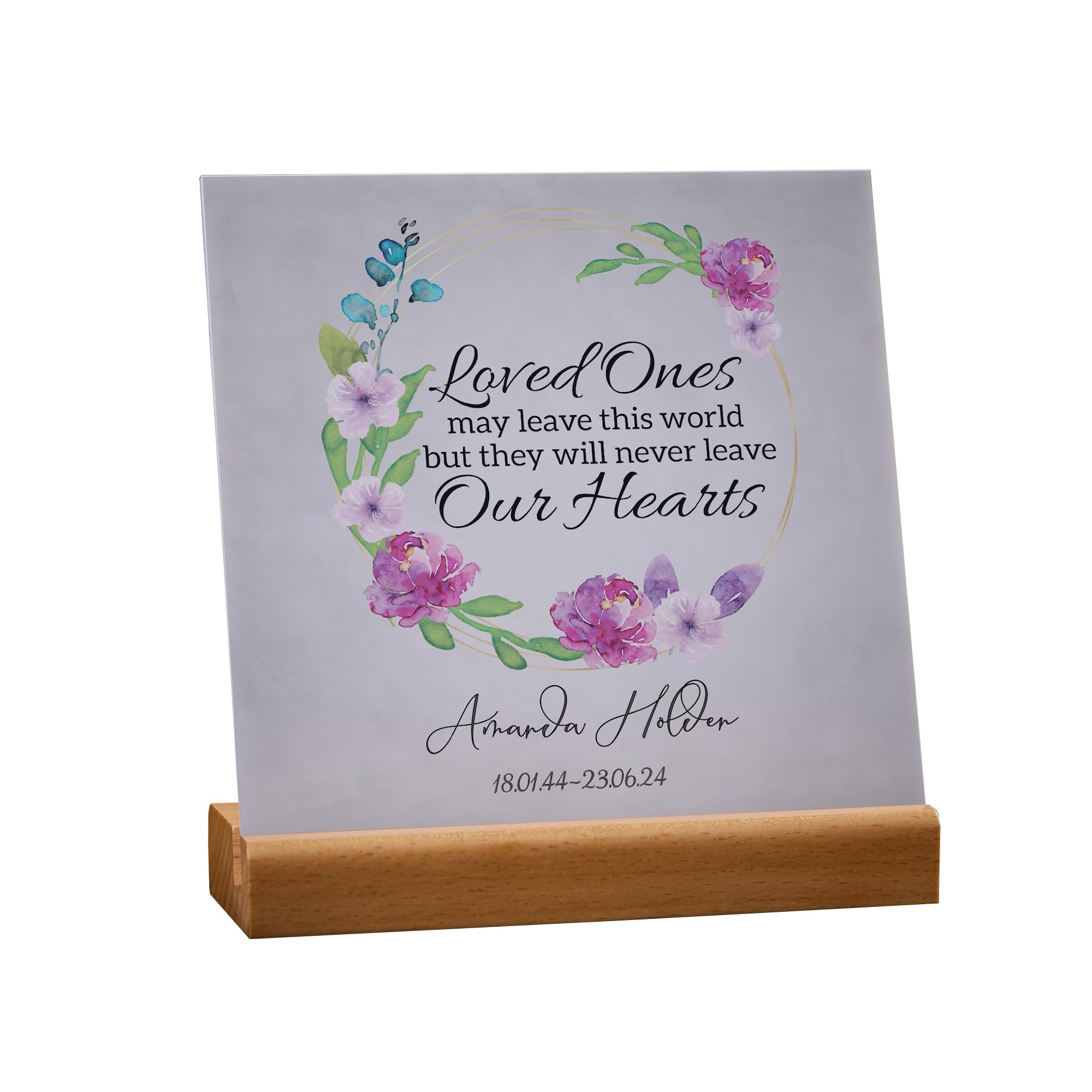 ukgiftstoreonline Personalised Sympathy Memorial Plaque, 15cm x 15cm, with Wooden Base (Loved Ones With Flowers)