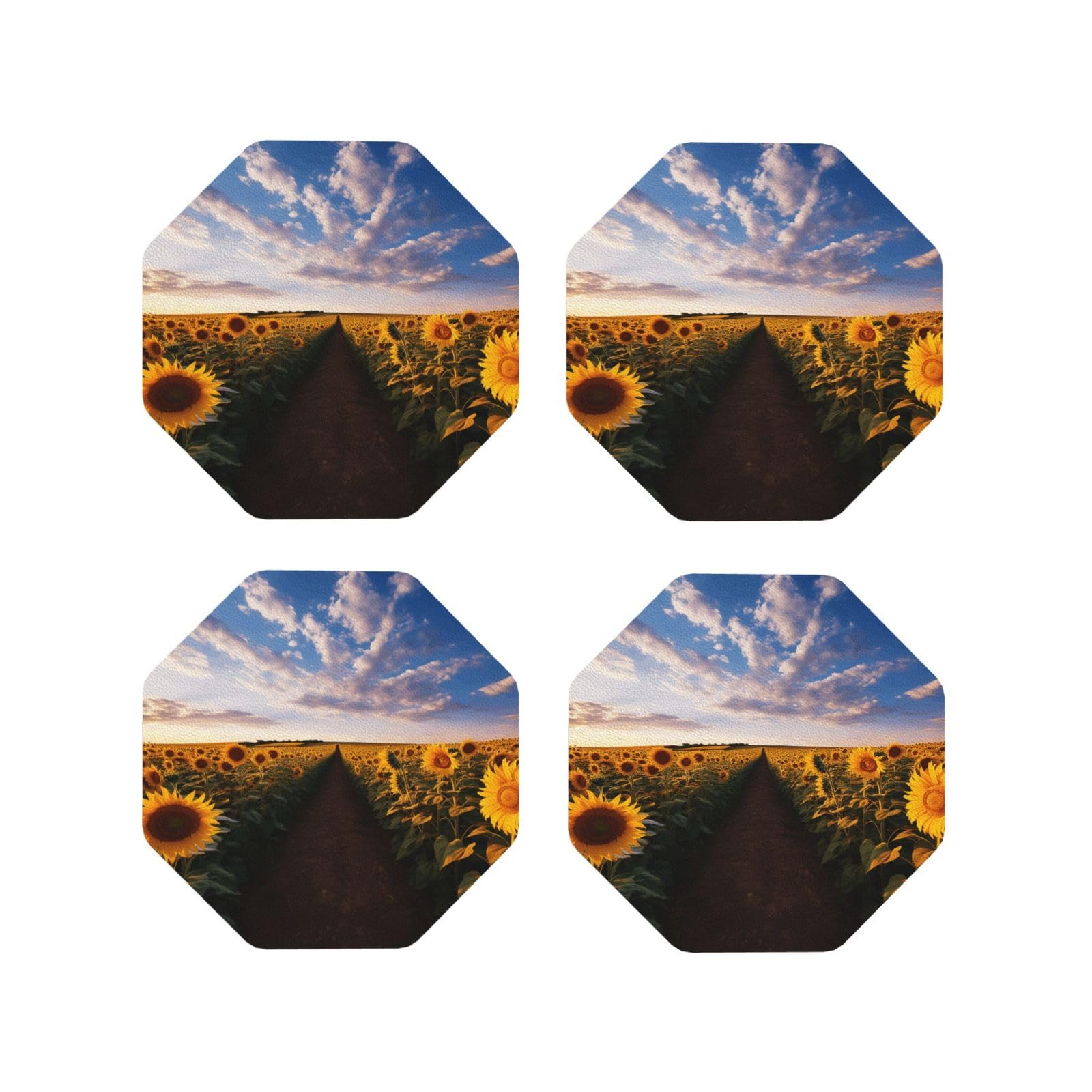4pcs Drink Coasters for Tabletop Protection, 4" Leather Coasters for Drinks, Field of Blooming Sunflowers Cup Coasters for Coffee Table Decor, Non-Slip Drinking Cup Mat for Hot Or Cold Drink