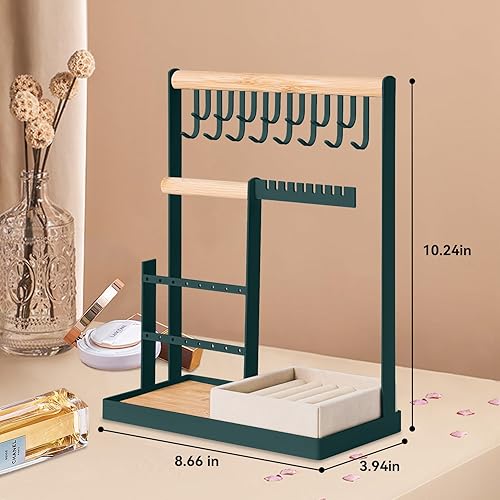 Miniatura 7 de Soporte organizador de joyas con soporte de terciopelo para anillos, organizador de joyas de 4 niveles con 15 ganchos, organizador de collares y