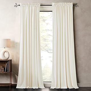 PONY DANCE White Velvet Curtains 96 inches - Soundproof Light Blocking Velvet Curtain Panels for Living Room,Rod Pocket Classic Solid Decor for Bedroom Set of 2,Rod Pocket,Wool White - Buy now