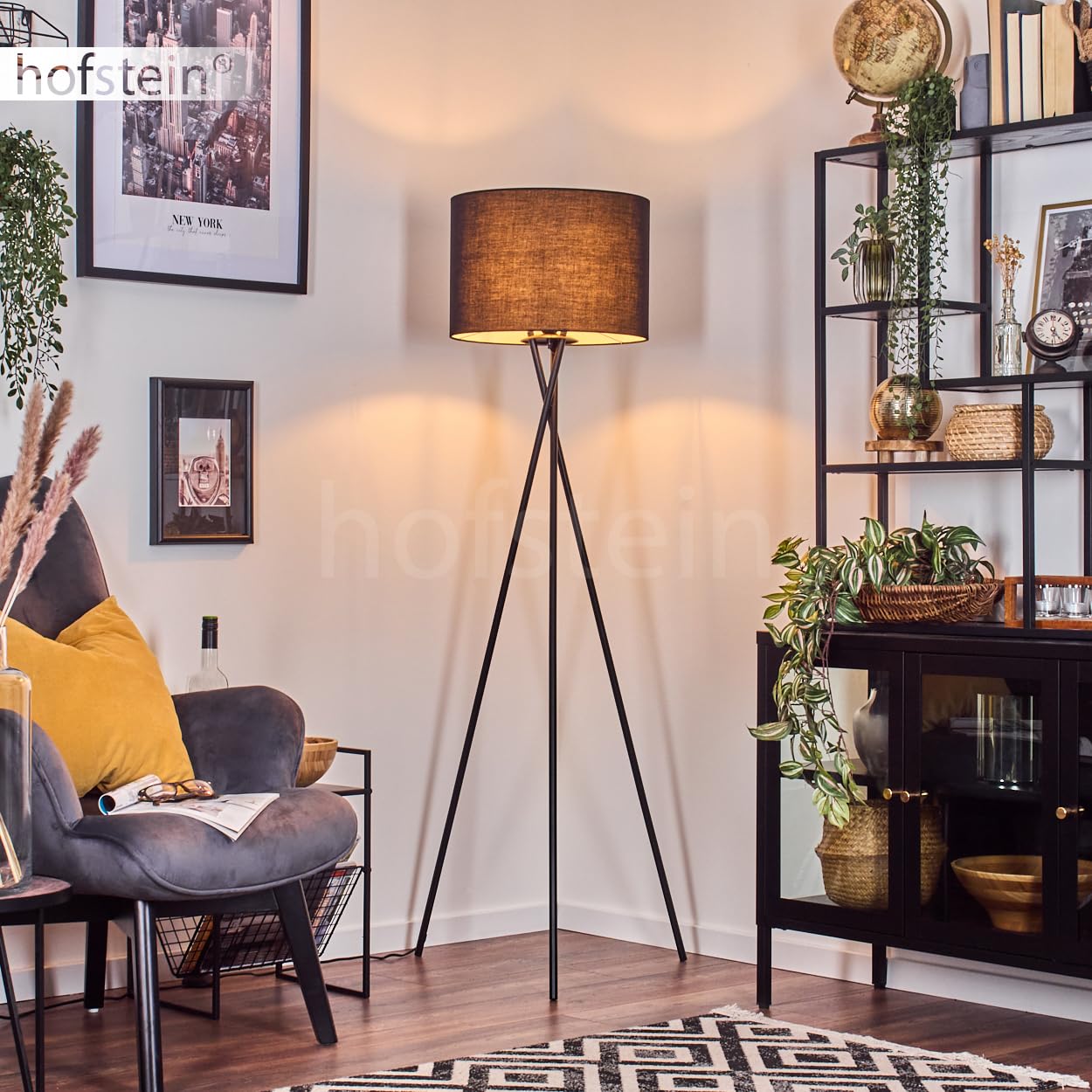 Stehleuchte Bassagoda, Stehlampe aus Metall/Stoff in Schwarz/Weiß, Leuchte im modernen Design mit rundem Schirm (Ø 40 cm) u. Fußschalter, Höhe 156 cm, 1 x E27, ohne Leuchtmittel