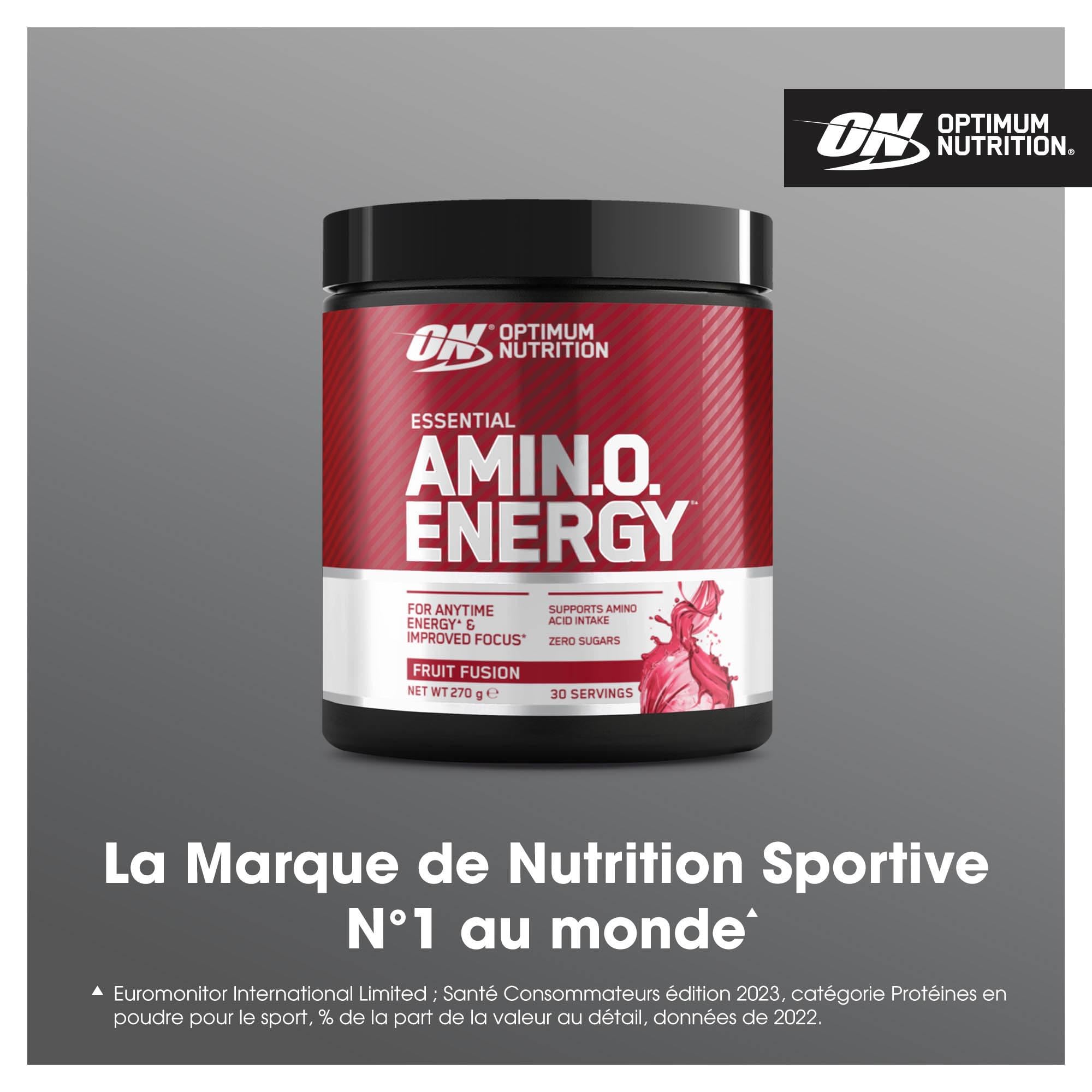 Optimum Nutrition Amino Energy Pre Workout en poudre, boisson énergisante avec acides aminés, BCAA, L-Glutamine et L-Leucine, complément vitamine C caféine, goût Fruit Fusion, 30 portions, 270 g