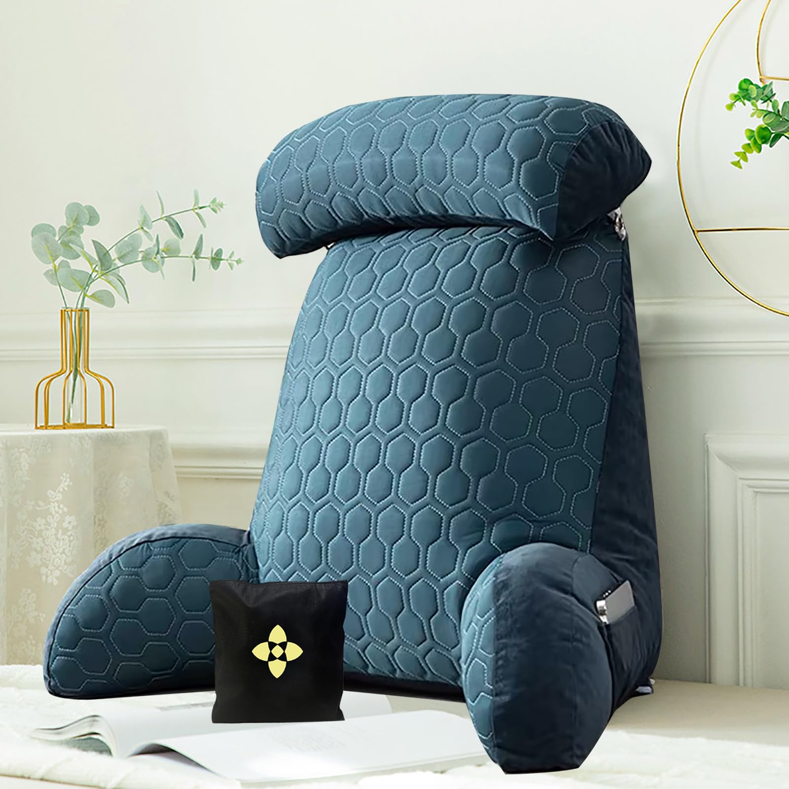 Cctsa Dark Blue Extra-Large Reading Pillow With Arm Rests Ergonomic Back Rest Support Pillow For Bed Sofa Lumbar Support Cushion With Washable Covers Backrest Pillow For Gaming Relaxing And Sitting