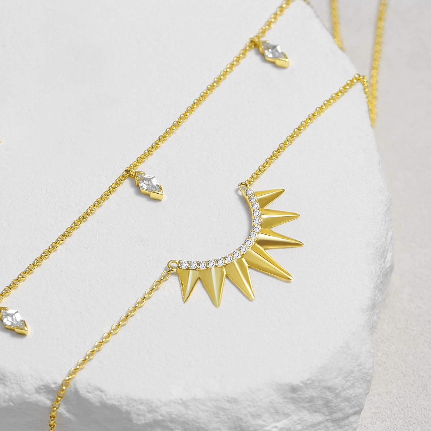 Gold Layered Necklace for Women Dainty Double Layer Pendant Necklace Diamond Zircon Gemstones Sunburst Charm Jewelry - Image 5